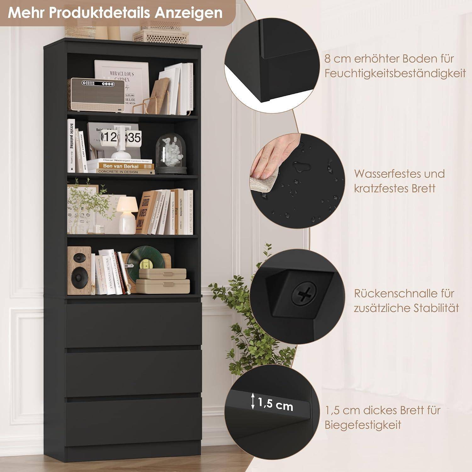 FirFurd 202 cm Bücherregal Bücherschrank mit 3 Schubladen 4 Fächern Hochschrank Wohnzimmerschrank mit verstellbaren Ablagen Vitrinenschrank für Wo