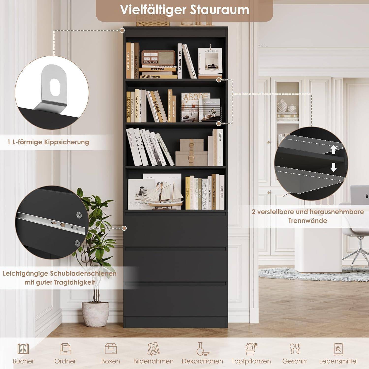 FirFurd 202 cm Bücherregal Bücherschrank mit 3 Schubladen 4 Fächern Hochschrank Wohnzimmerschrank mit verstellbaren Ablagen Vitrinenschrank für Wo