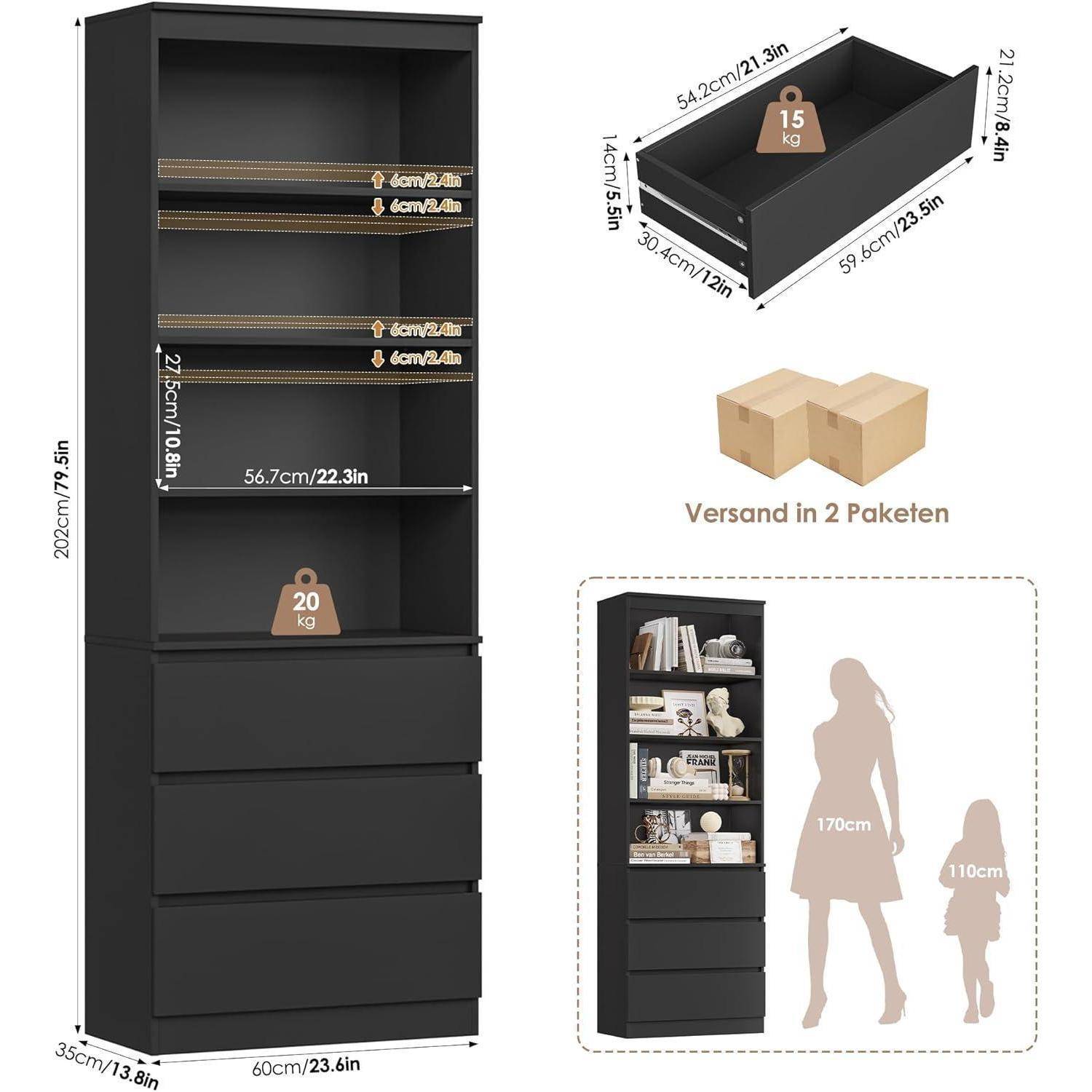 FirFurd 202 cm Bücherregal Bücherschrank mit 3 Schubladen 4 Fächern Hochschrank Wohnzimmerschrank mit verstellbaren Ablagen Vitrinenschrank für Wo