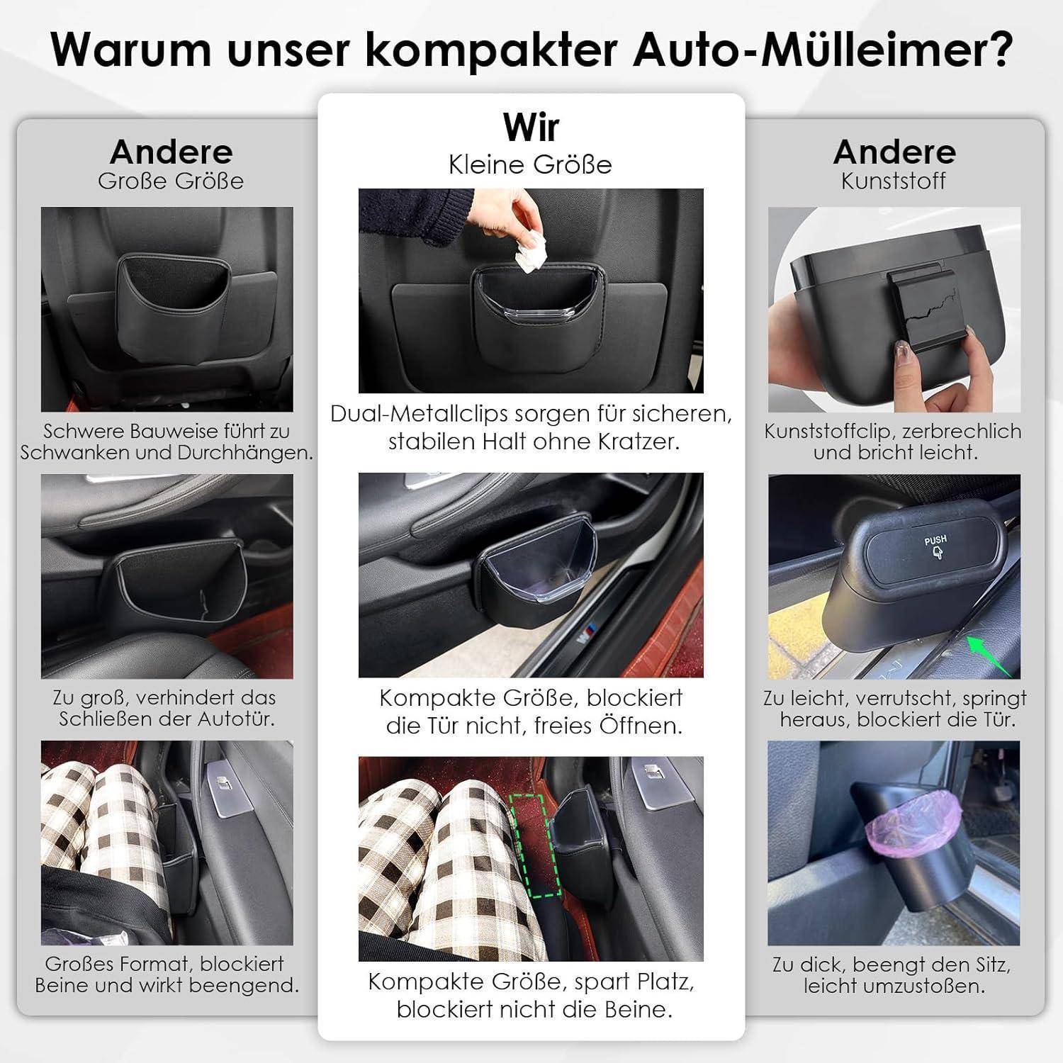 Vergleichsanzeige für kompakte Automülleimer: Das mittlere Produkt ist klein und sicher mit Metallklammern, während größere oder Kunststoffalternativen sperrig, zerbrechlich und versperren Türen.
