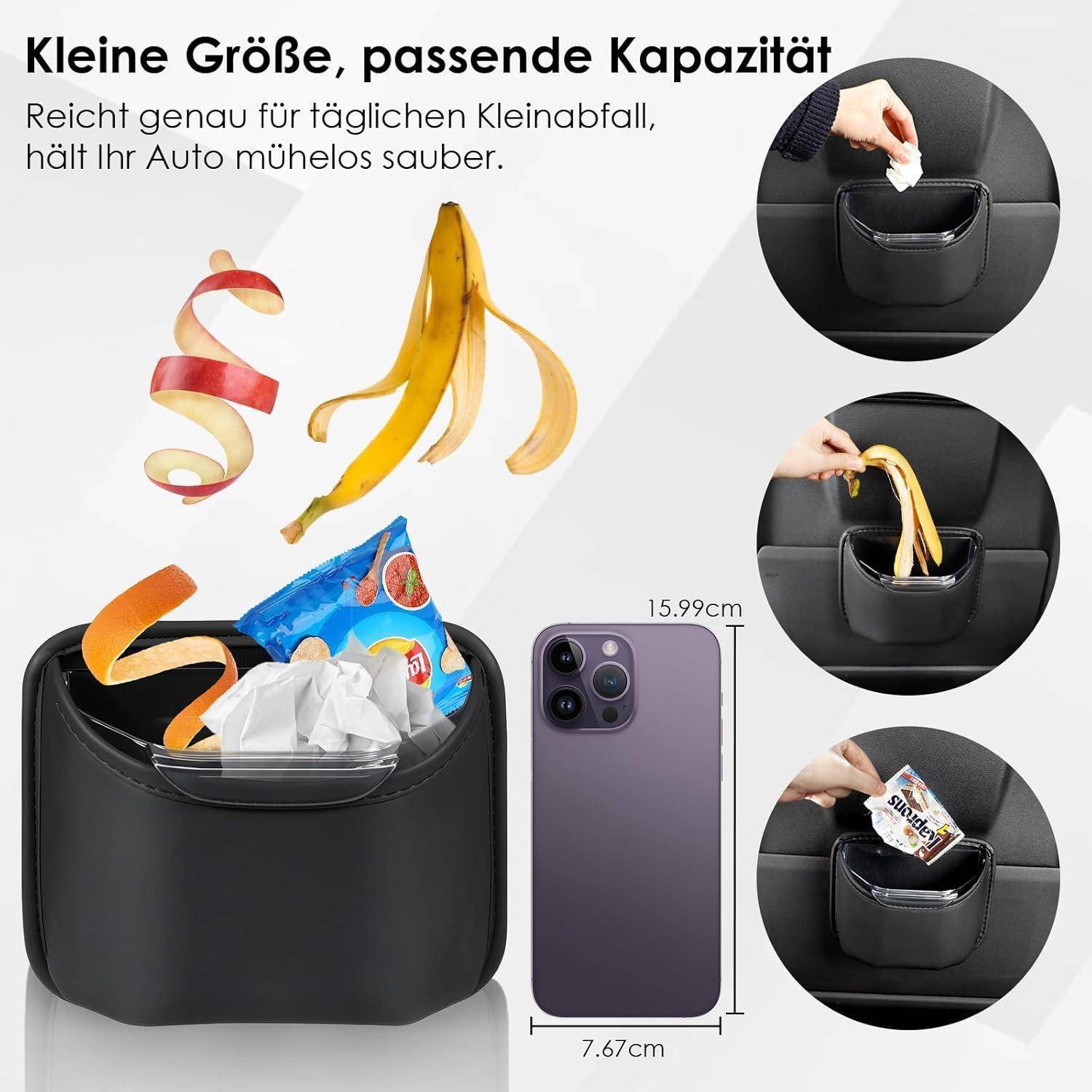 Schwarzer Auto-Mülleimer mit kompaktem Design, dargestellt beim Halten von Bananenschalen und Verpackungsmaterialien; deutscher Text besagt, dass er tägliche Abfälle hält und das Auto sauber hält.