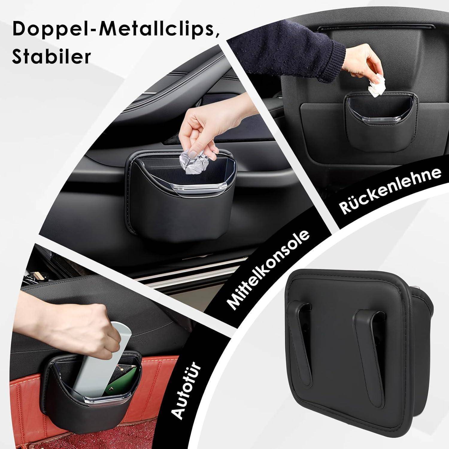 Schwarze Autositz-Mülleimer mit doppelten Metallclips, gezeigt montiert auf der Mittelmkonsole, dem Rücksitz und der Autotür.