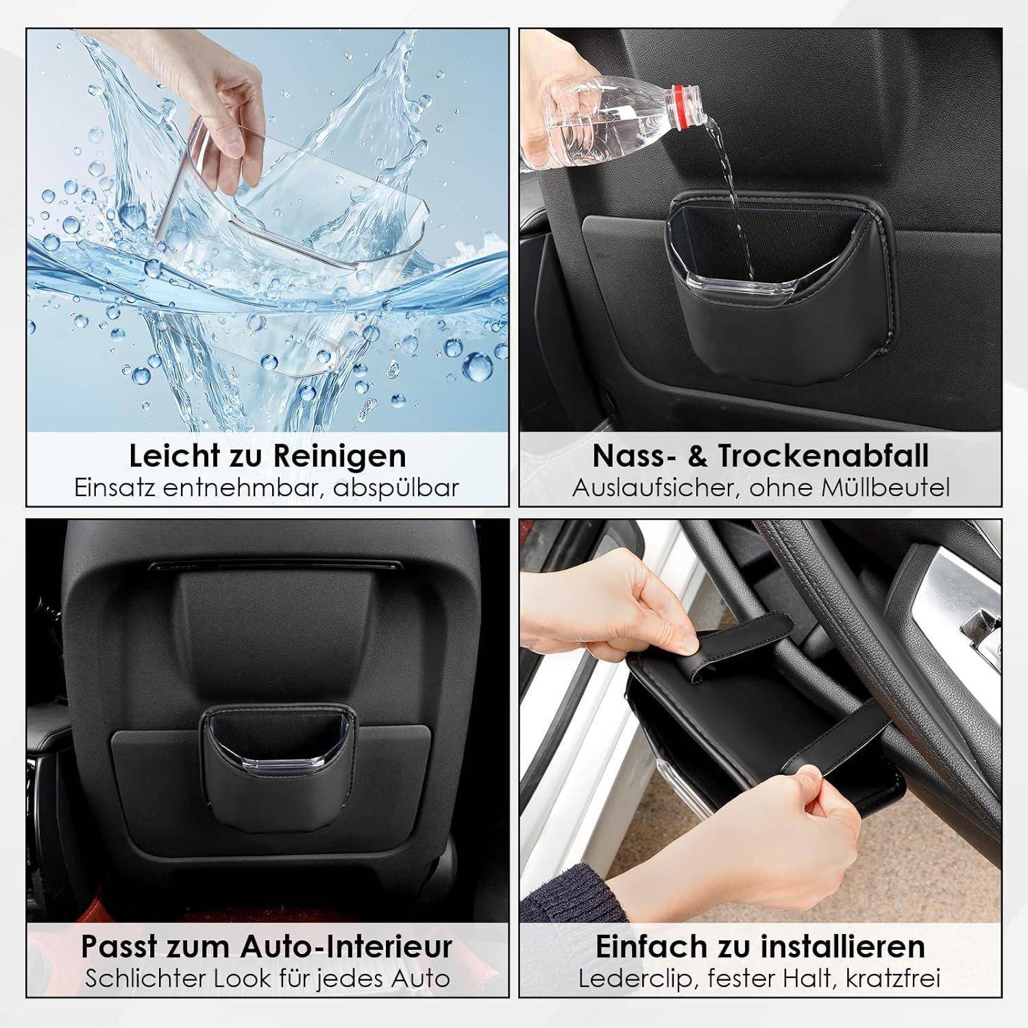 Vierteiliges Auto-Zubehör-Angebot mit einem abnehmbaren, waschbaren Mülleimer, der ins Autoinnere passt, Nass- oder Trockenmüll aufnimmt und sich mit einem Lederclip leicht installieren lässt.