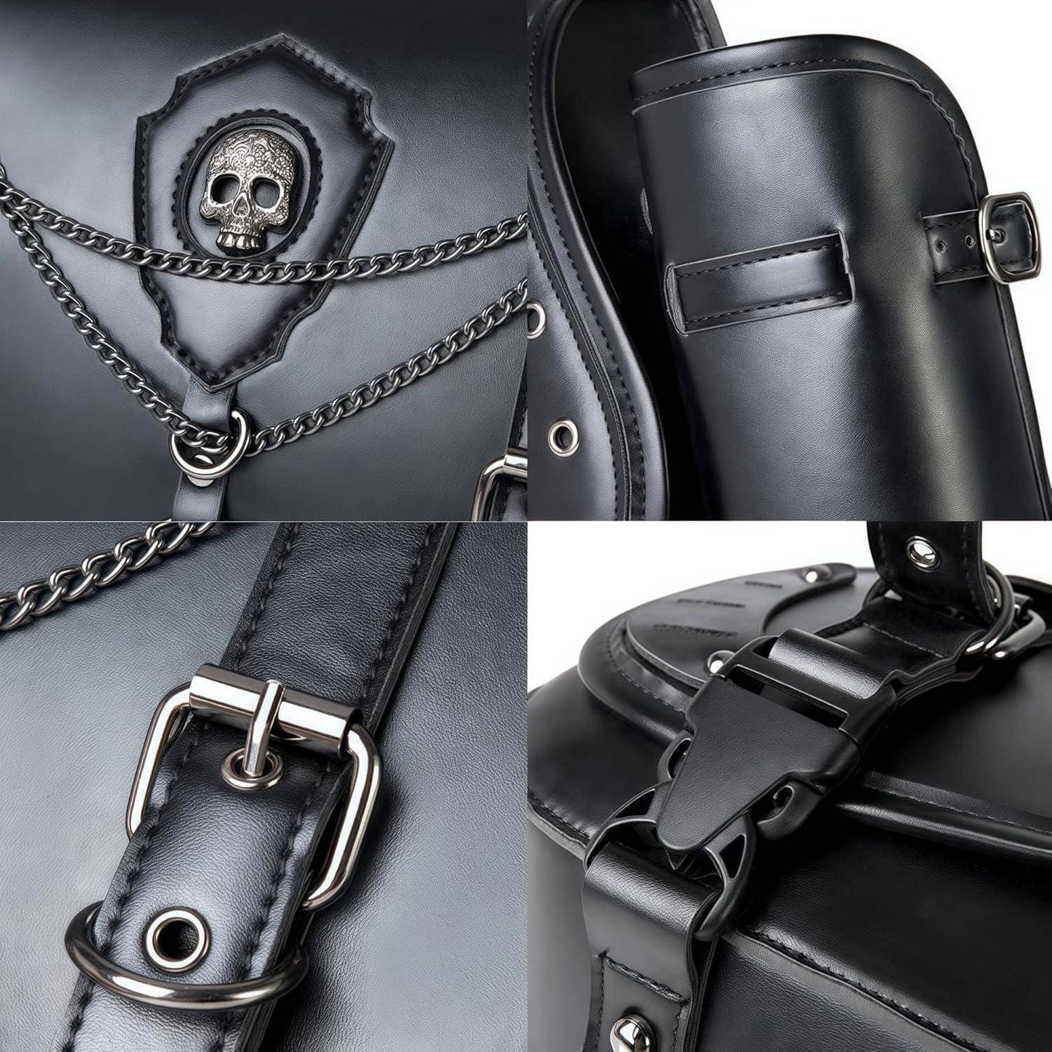 Collage von schwarzen Lederzubehör-Details mit Metallketten, Totenkopfemblem, Schnallen und Riemen auf grauem Hintergrund.