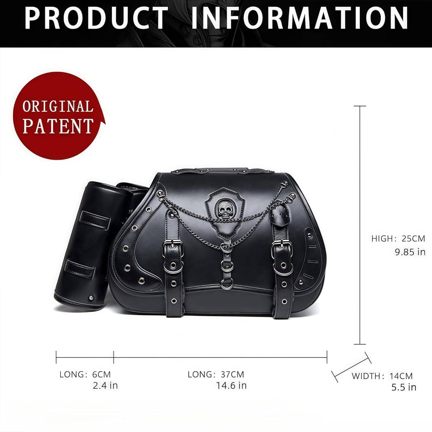 Produktinformationsgrafik mit einer schwarzen Ledermotorrad-Satteltasche im Lederstil mit "Original Patent""-Abzeichen und Abmessungen: 37 cm lang, 25 cm hoch, 14 cm breit; Seitentasche 6 cm lang.