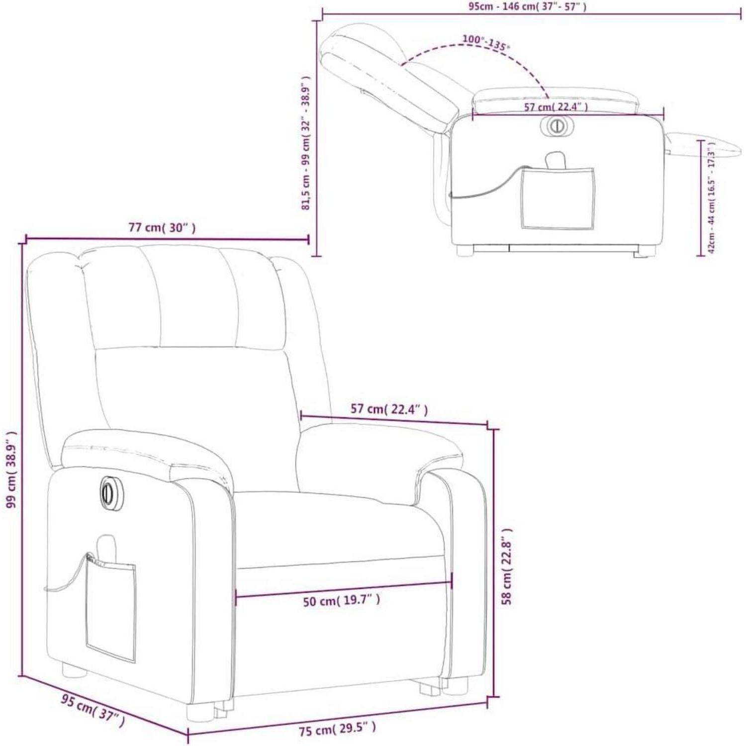 Bemaßtes Diagramm eines Relaxsessels mit Vorder- und Seitenansicht und Maßangaben für Höhe, Breite, Tiefe, Sitzbreite und Länge in zurückgelehnter Position.