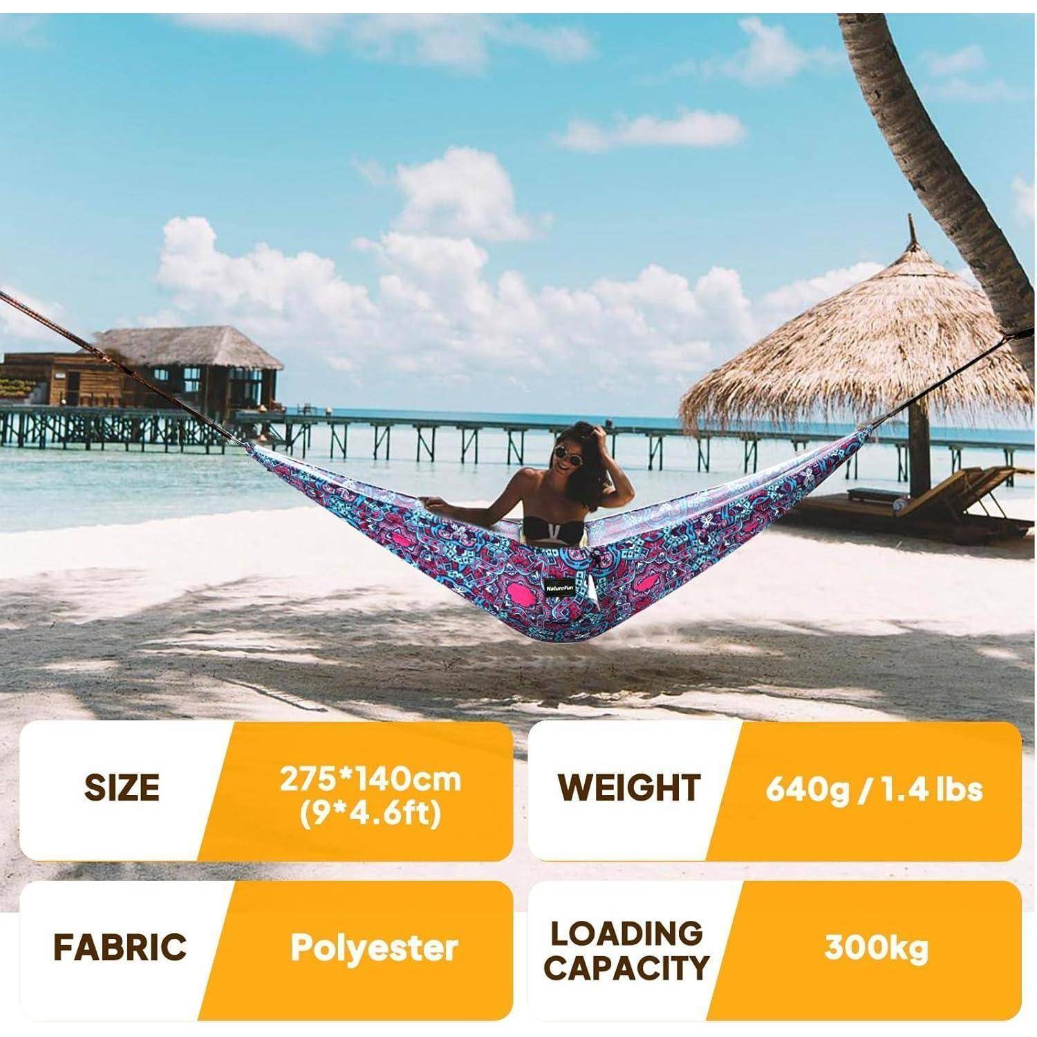 NATUREFUN Ultraleichte Reise Camping Hängematte | 300 kg Tragkraft (275 x140 cm),Atmungsaktiv,Schnelltrocknendes Hängematten |2 x Premium Karabiner