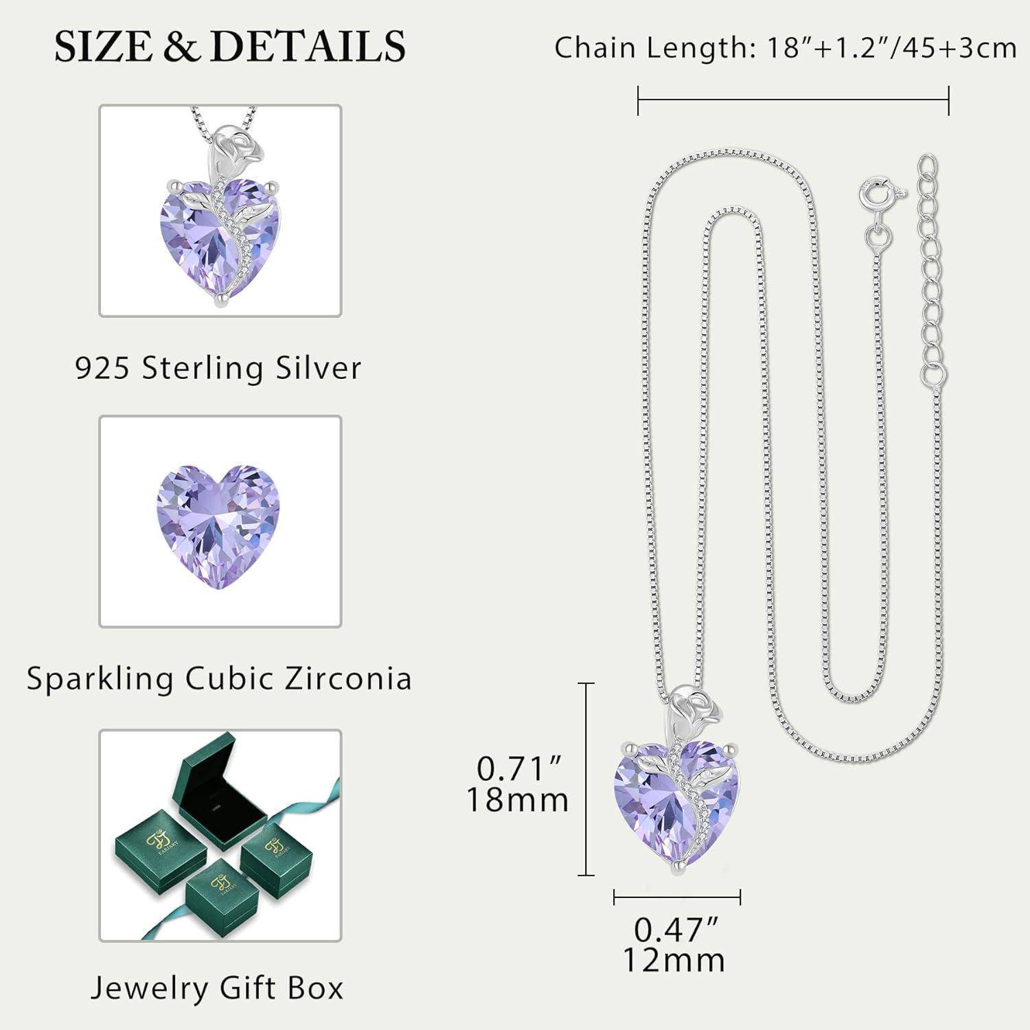 Produktgrößendetails für eine Herz-Anhänger-Halskette: 925er Sterlingsilber, funkelnder Zirkonia, 18-Zoll-Kette mit 18 mm x 12 mm Anhänger, gezeigt mit Geschenkbox.