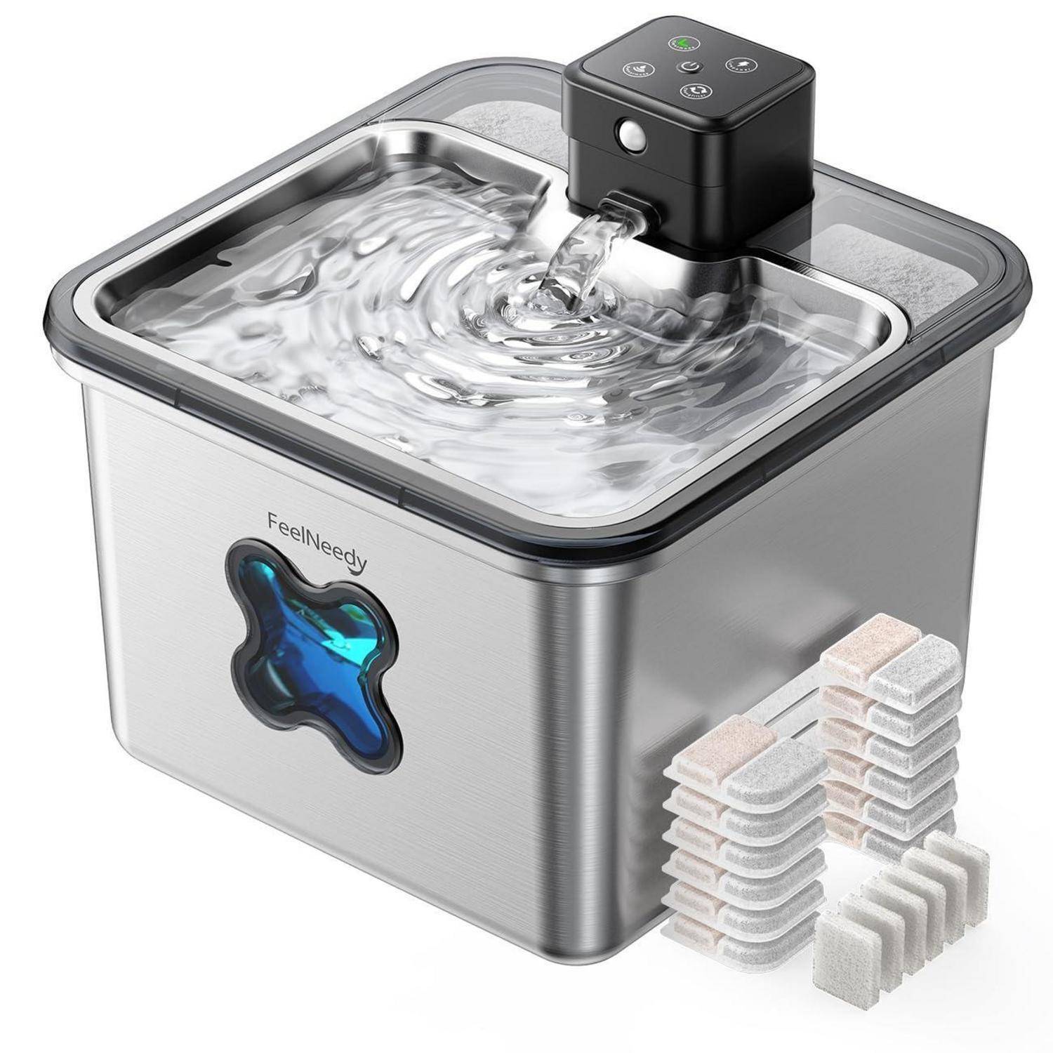 FEELNEEDY Katzenbrunnen Kabellos 3.2L mit 6 Filters | Trinkbrunnen für Katze Edelstahl 4000mAh Akku, Wasserbrunnen für Katzen mit Bewegungsmelder,