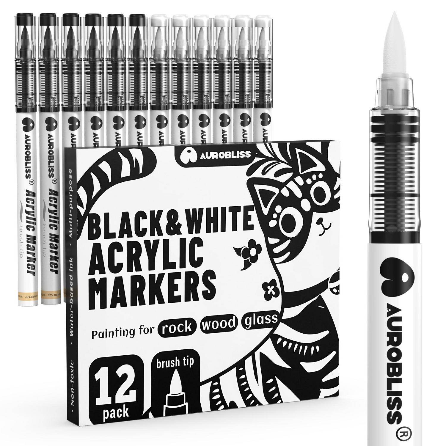 Acrylstifte Schwarz Weiß wasserfest Pinselspitze 12 Acryl Marker Permanent Stift für Stein, Holz, Metall, Papier, Glas,Dunkle Stoffe, Leder Weiß Sc