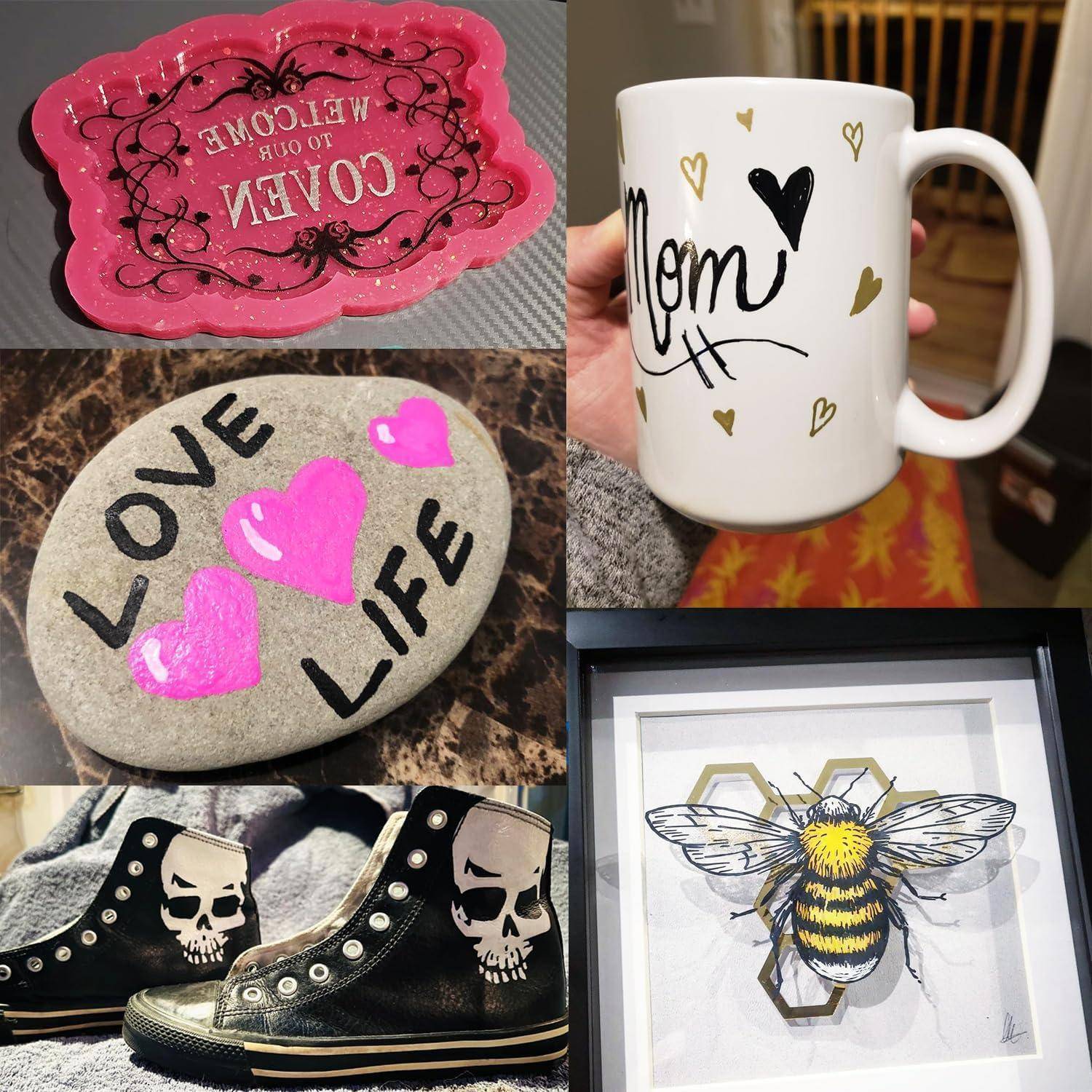 Collage personalisierter Geschenke: bemalter Stein mit der Aufschrift „LOVE LIFE