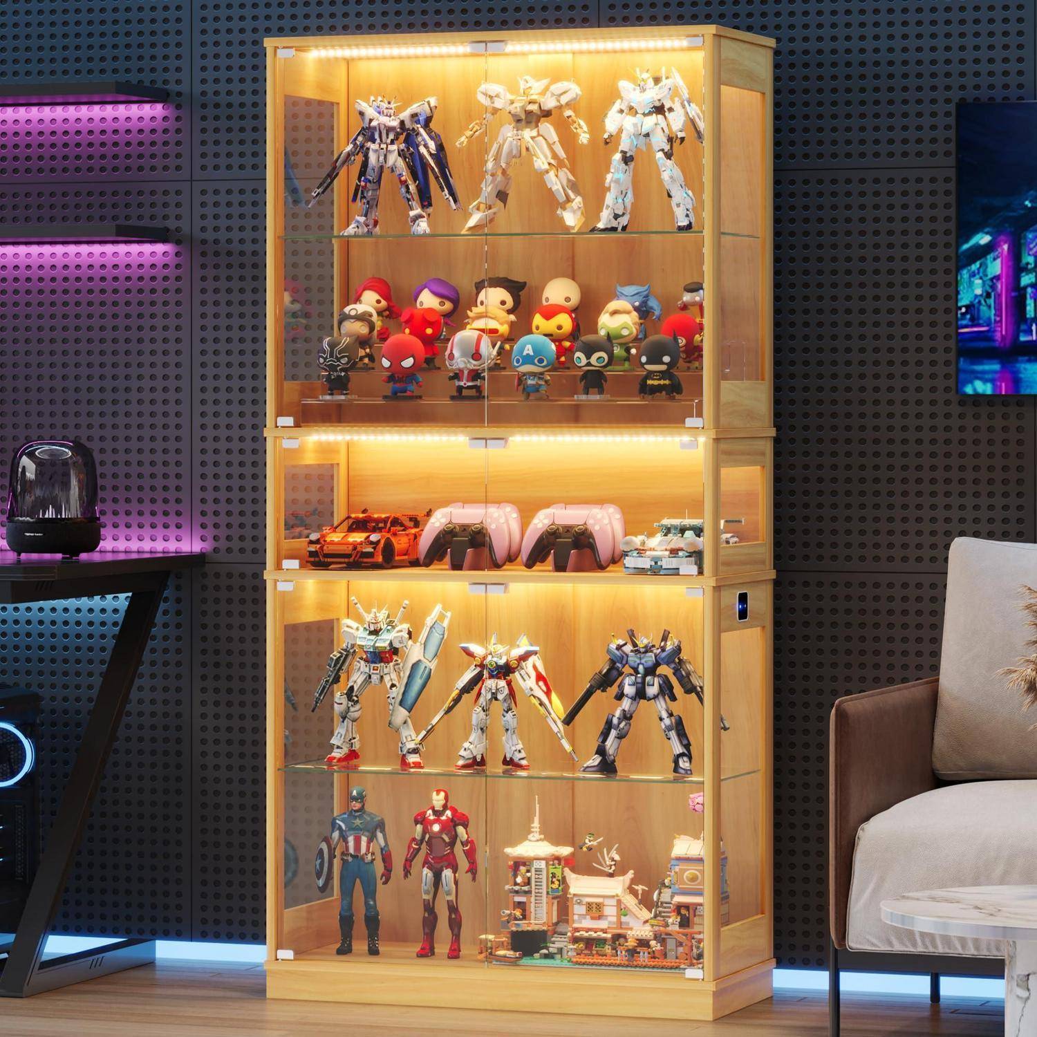 Glasvitrine mit LED Beleuchtung, 5-Lagen Vitrinenschrank Glas Stehend, Holz Vitrine mit Intelligente Sensorik, Sammlervitrine Staubdicht für