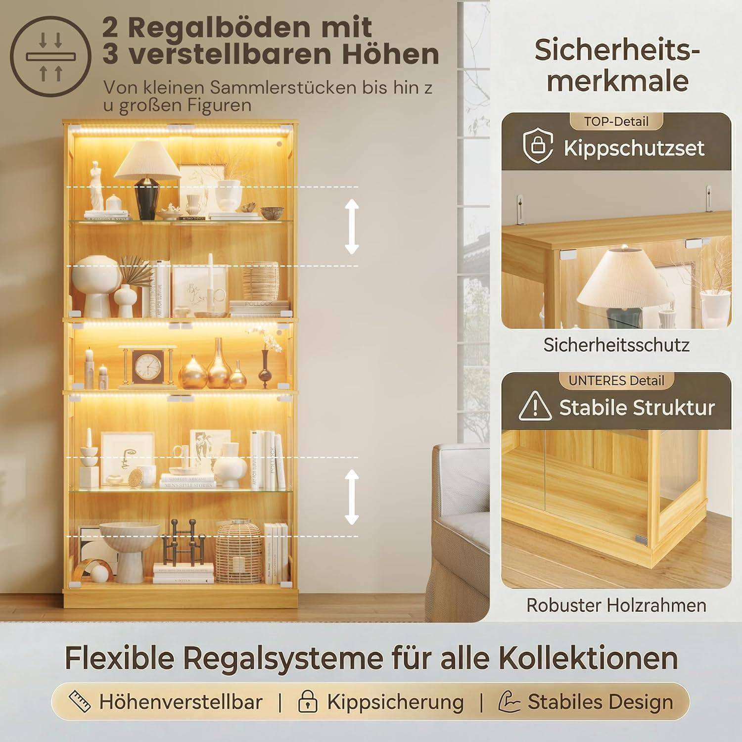 Glasvitrine mit LED Beleuchtung, 5-Lagen Vitrinenschrank Glas Stehend, Holz Vitrine mit Intelligente Sensorik, Sammlervitrine Staubdicht für