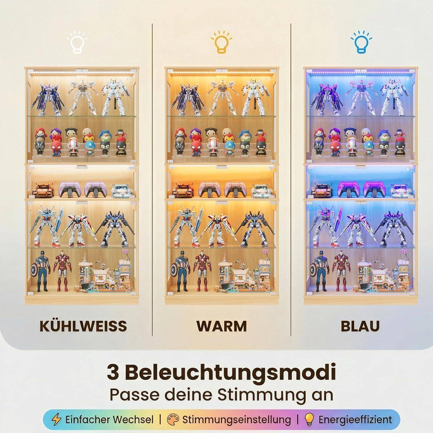 Glasvitrine mit LED Beleuchtung, 5-Lagen Vitrinenschrank Glas Stehend, Holz Vitrine mit Intelligente Sensorik, Sammlervitrine Staubdicht für
