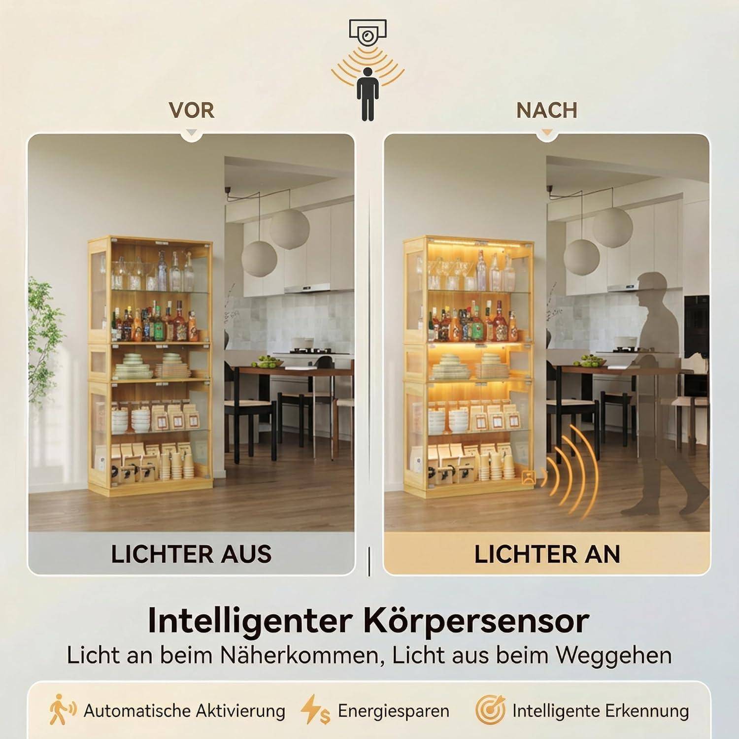 Glasvitrine mit LED Beleuchtung, 5-Lagen Vitrinenschrank Glas Stehend, Holz Vitrine mit Intelligente Sensorik, Sammlervitrine Staubdicht für