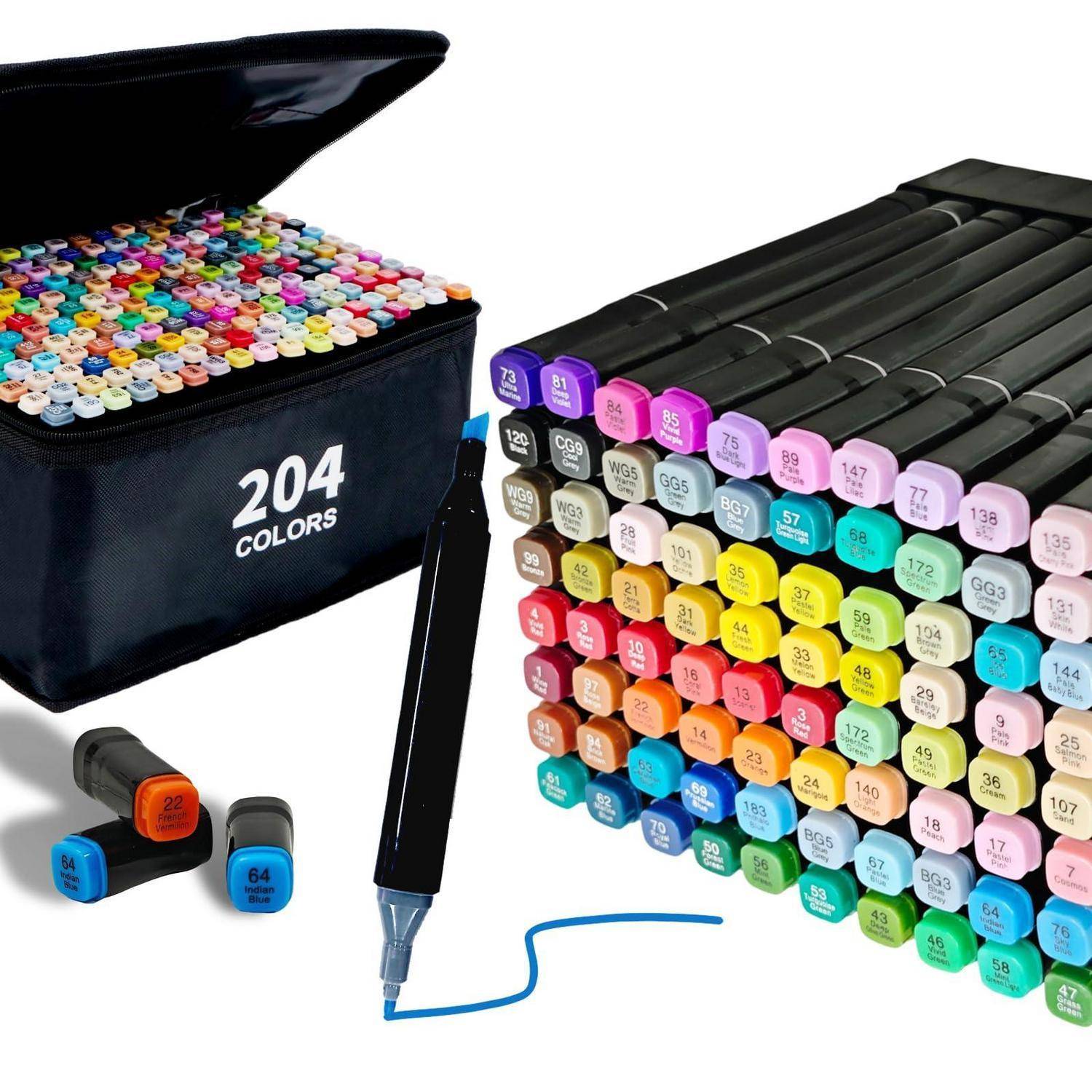 Kartonset aus 204 farbigen Doppelspitz-Markern, mit einem Marker, der eine blaue Linie zeichnet, und einzelnen Kappen, die Farbcodes anzeigen.