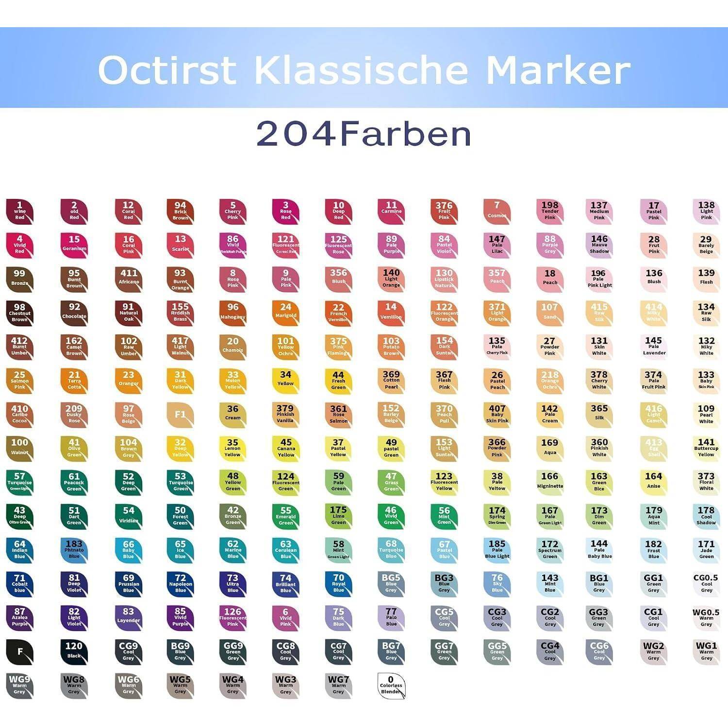 Farbdiagramm von Octirst Classic Markern mit 204 Farben, angeordnet in Reihen mit beschrifteten Farbmustern, die von Rot- und Brauntönen über Grün- und Blautöne bis zu Grautönen und Schwarz reichen.