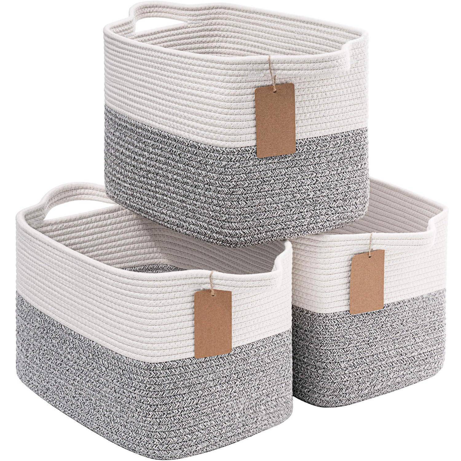 TIMEYARD 3er Set Aufbewahrungskorb Geflochten Baumwolle 33x25x22.5cm Grau | Dekorative Körbe mit Griffen für Bad, Regal und Wohnzimmer. Perfekt für