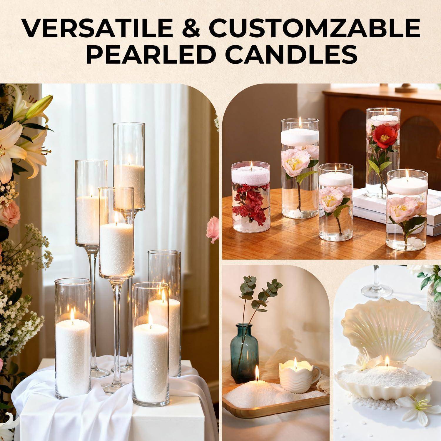 Collage von vielseitigen, anpassbaren Perlen-Kerzen in Glashältern, gezeigt angezündet in eleganten Wohndekor-Arrangements mit Blumen und dekorativen Displays.