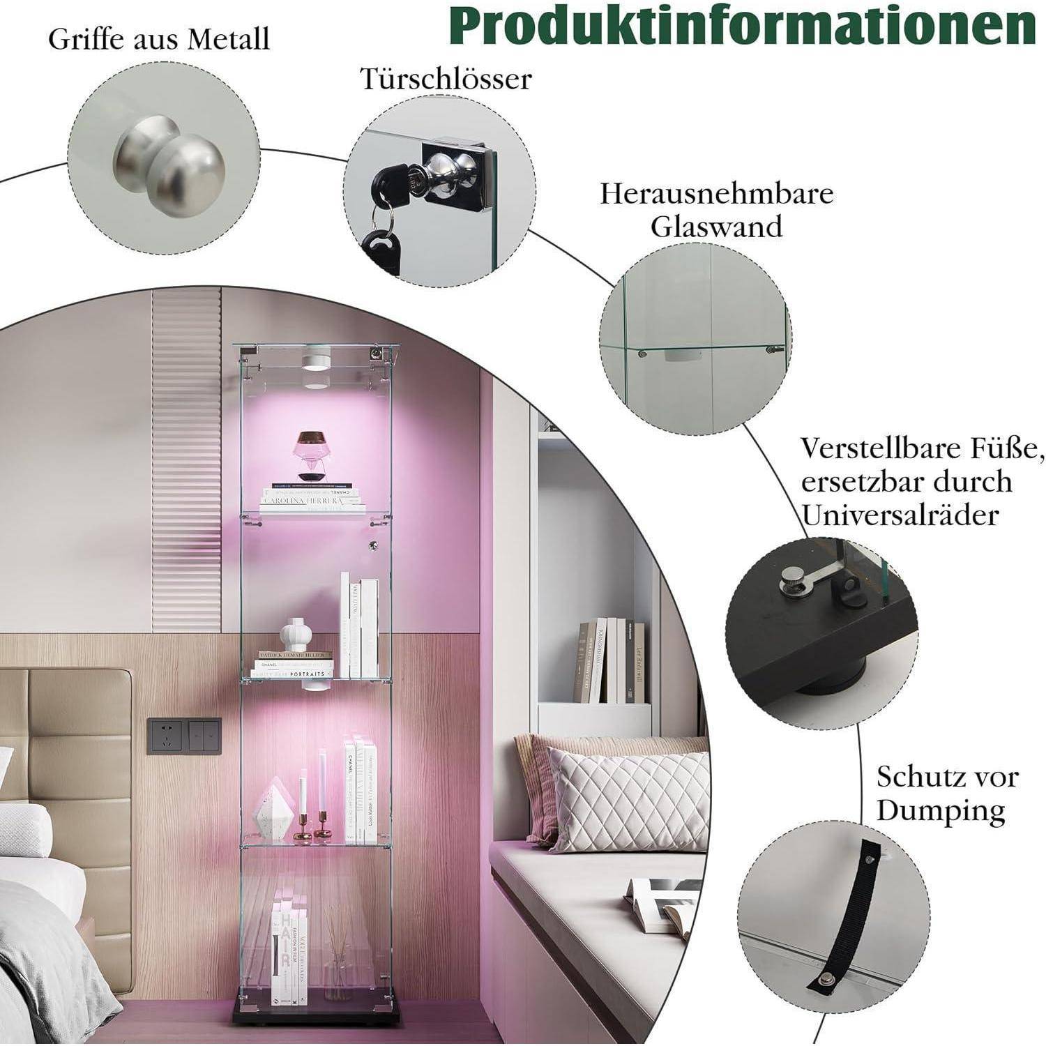 Produktinformationsdiagramm einer Glaspräsentiervitrine im Schlafzimmer, das einen Metallgriff, ein Türschloss, eine entnehmbare Glaswand, verstellbare Füße und einen Kippsicherungsriemen zeigt.