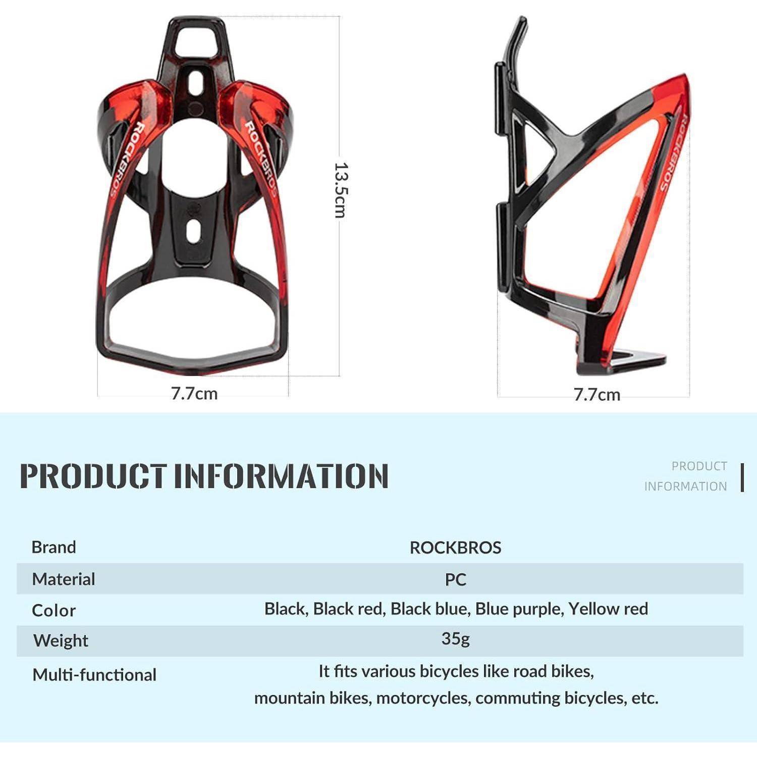 Produktinformationsbild für einen ROCKBROS-Fahrradflaschenhalter, dargestellt in Vorder- und Seitenansicht mit Abmessungen von 13,5 cm Höhe und 7,7 cm Breite; schwarzes/rotes PC-Material, 35 g, für verschiedene Fahrräder und Motorräder.