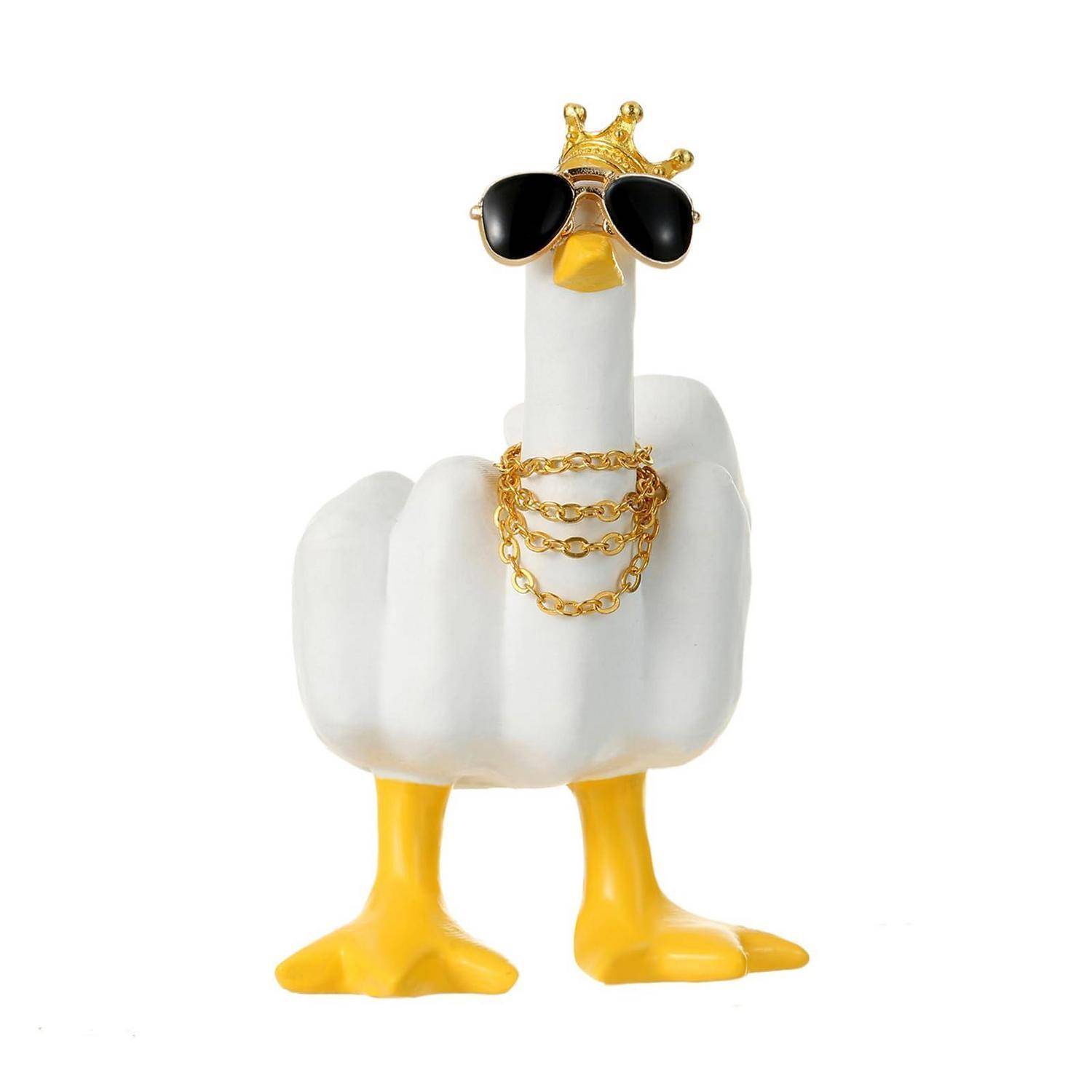 Stilisierte weiße Gansefigur mit goldener Krone, Sonnenbrille und Kettenketten auf einfachem weißem Hintergrund.