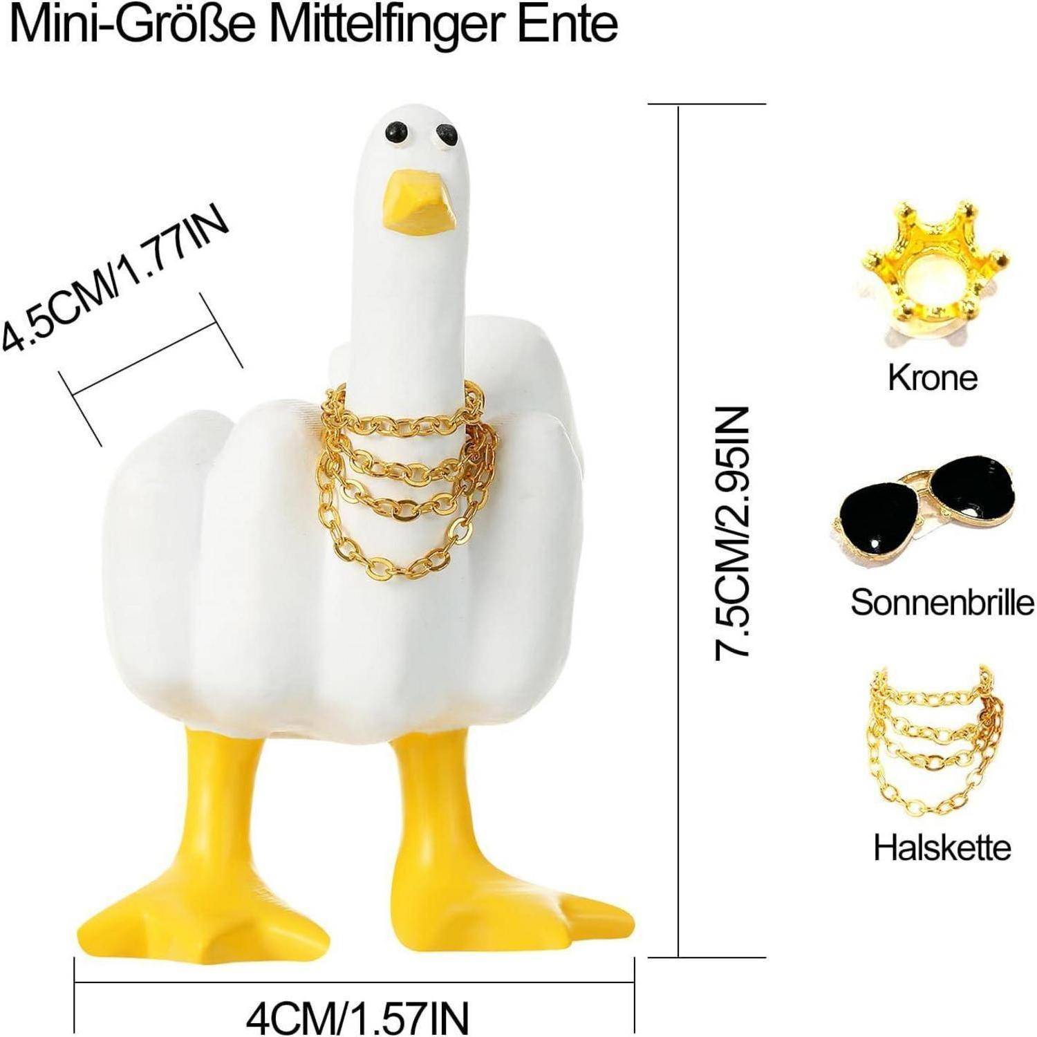 Kleine Entenfigur mit Größenmessungen gezeigt: 7,5 cm hoch, 4 cm breit und 4,5 cm tief; gezeigte Accessoires: Krone, Sonnenbrille und Halskette.