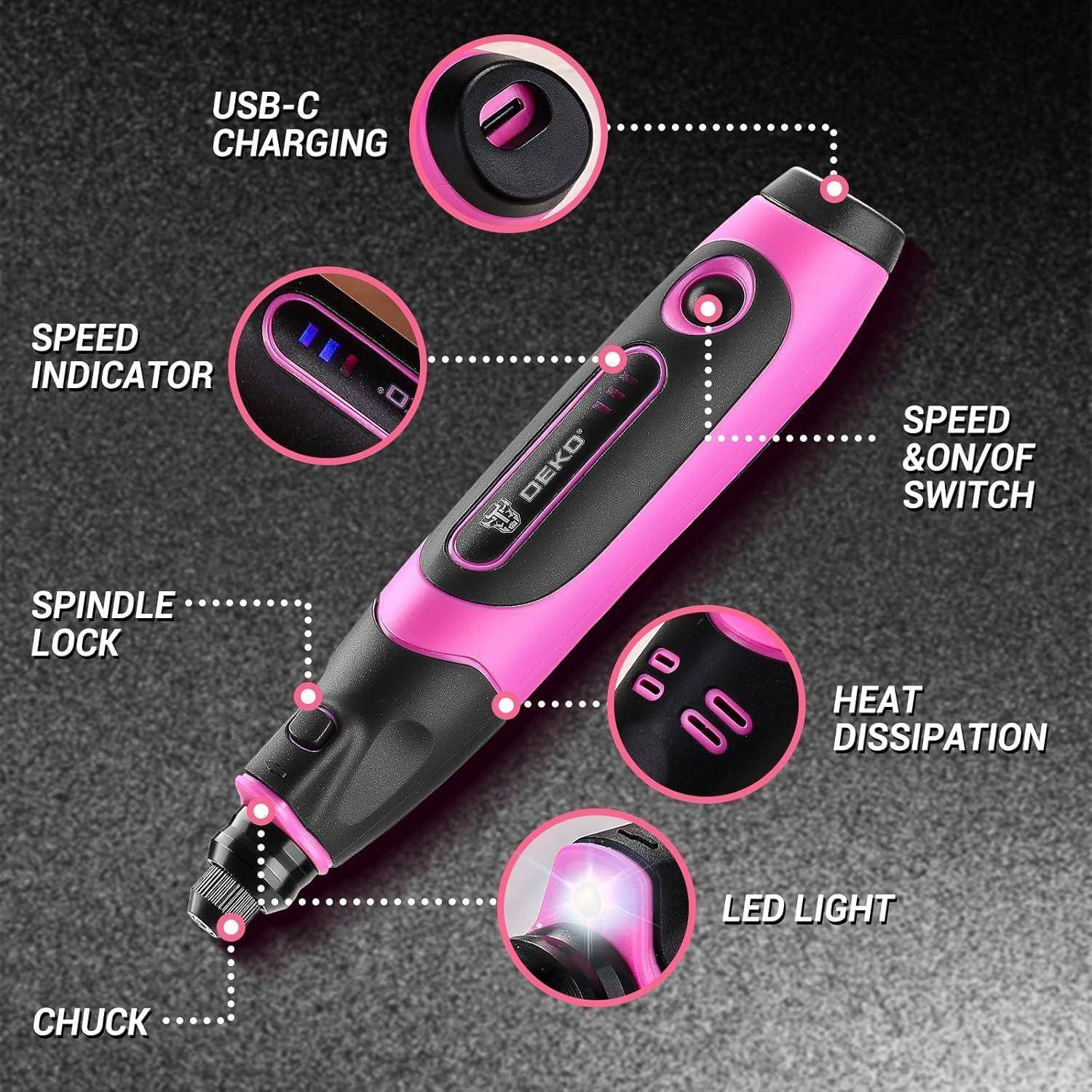 Rosa und schwarzer elektrischer Nagelfräser mit gekennzeichneten Funktionen: USB-C-Ladeanschluss, Geschwindigkeitsanzeige, Geschwindigkeits-Ein-/Aus-Schalter, Spindelverriegelung, Wärmeableitung, LED-Licht und Spannfutter.