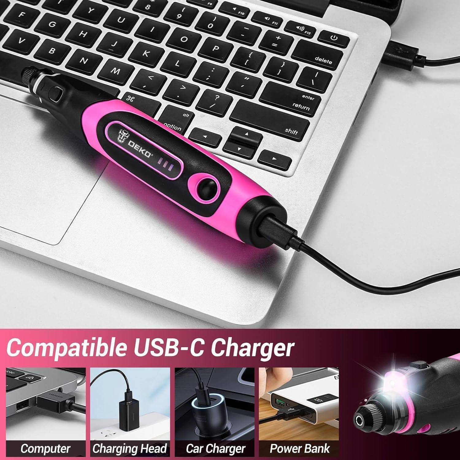 Rosa DEKO USB-C Ladekabel in einen Laptop gesteckt, dargestellt als kompatibel mit Computer, Ladegerät, Autoladerunse und Powerbank.