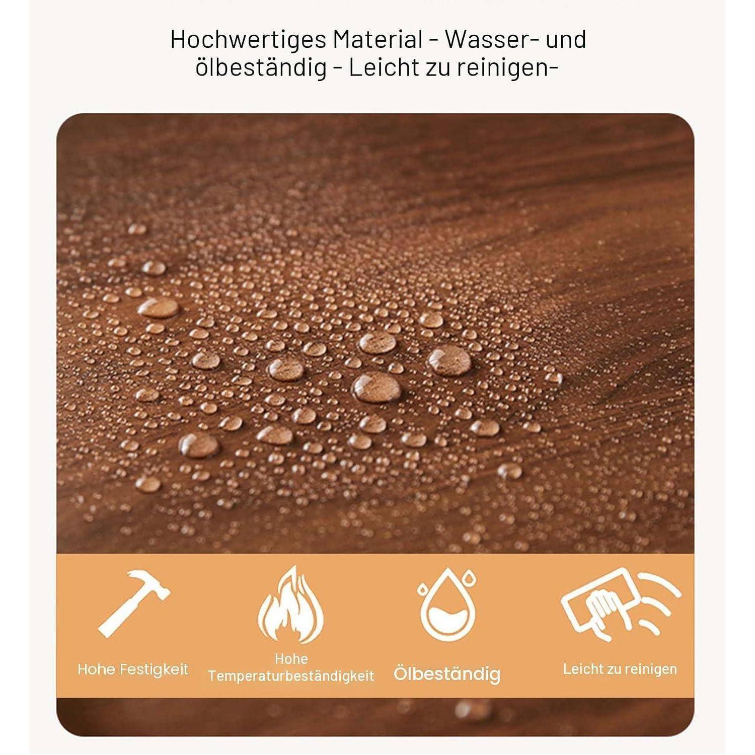 Wassertropfen perlen auf einem braunen Material ab und verdeutlichen eine hochwertige Oberfläche, die wasser- und ölabweisend, hitzebeständig und leicht zu reinigen ist.