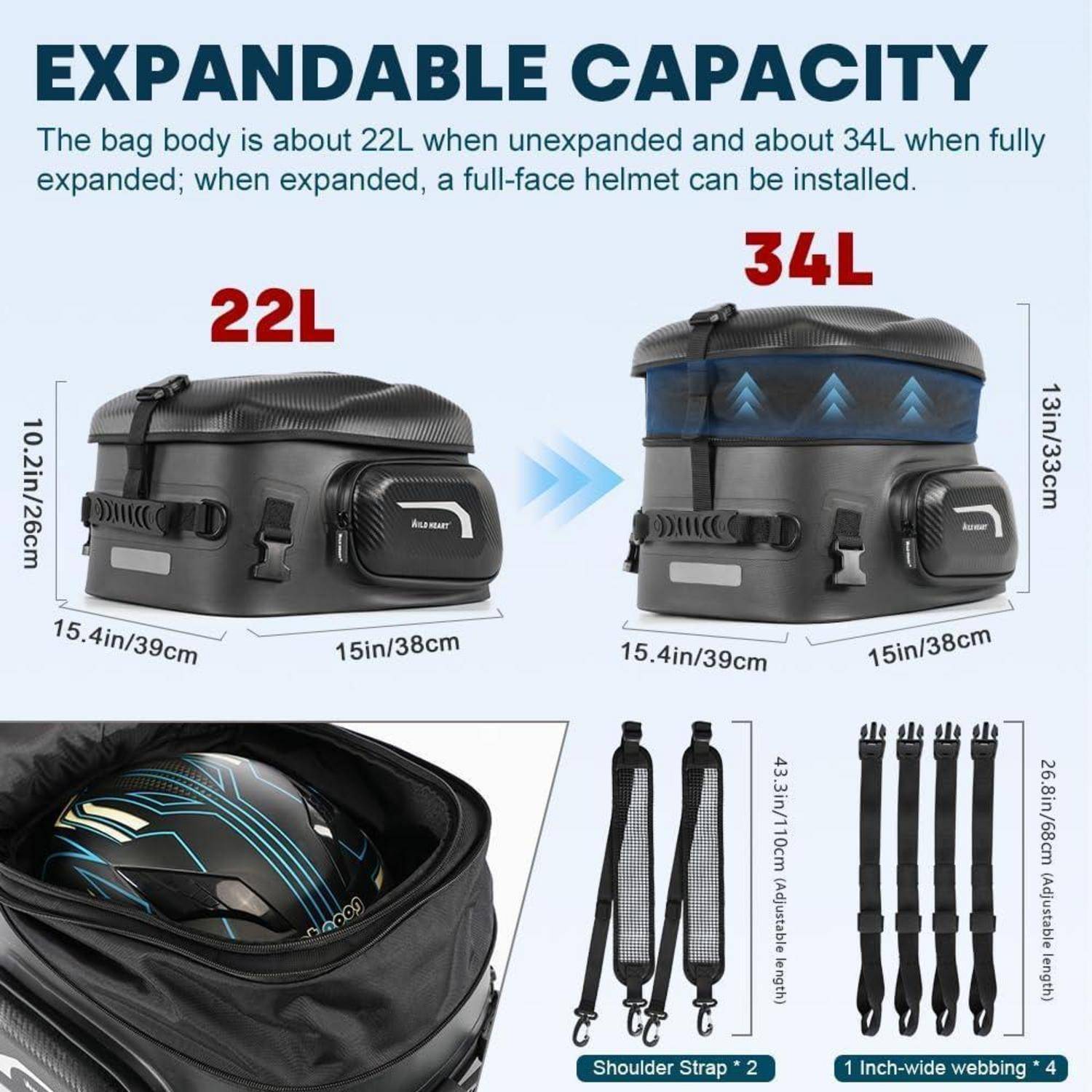 WILD HEART Motorrad-Hecktasche, Hartschale mit Erweiterbarer Kapazität 24L-34L Wasserdicht Verschleißfest Hält Helm Rücksitztasche