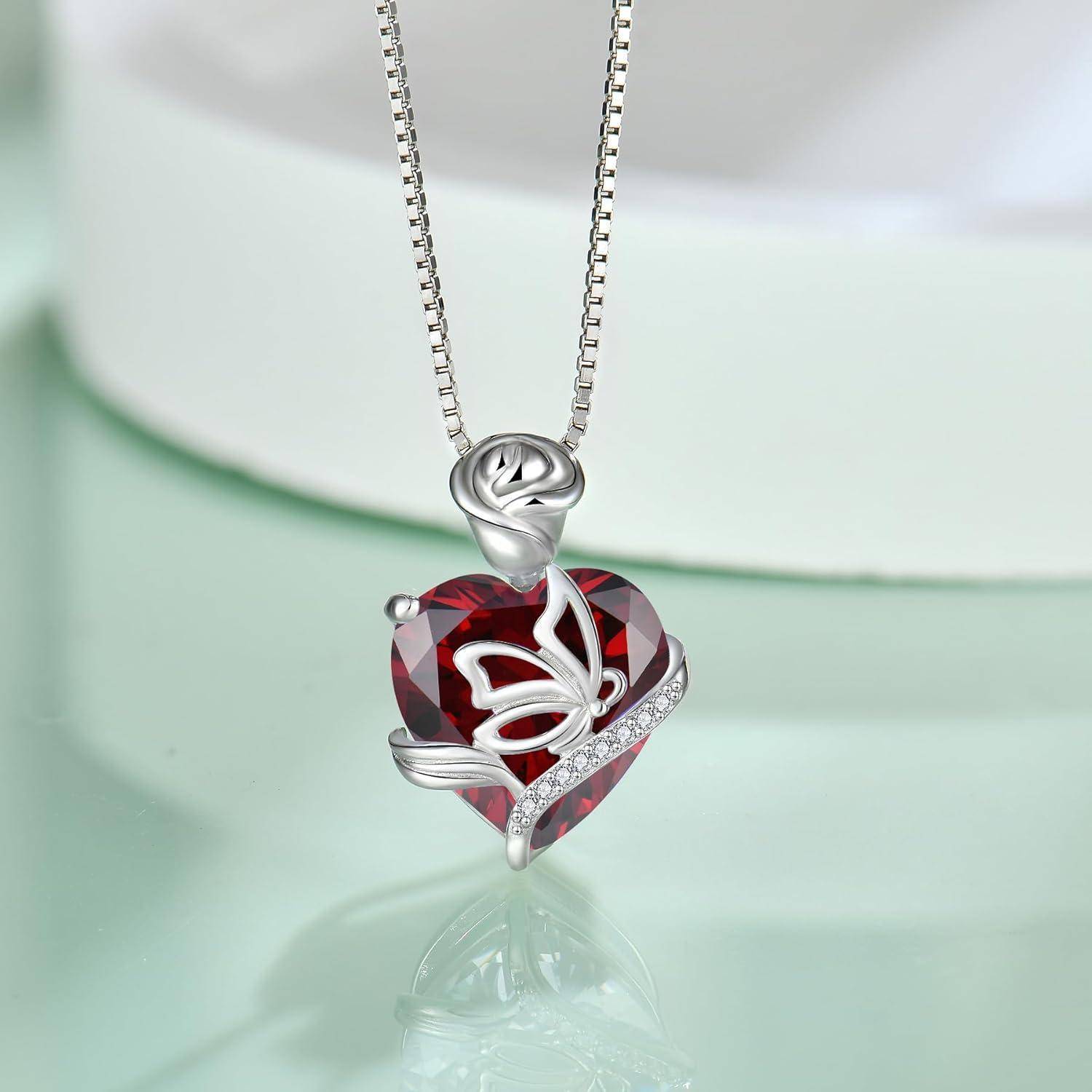 FJ Herz Geburtsstein Kette Damen 925 Sterling Silber Schmetterling Kette Anhänger Rose Blume Halskette Schmuck Geschenke für Frauen Mutter Freundin