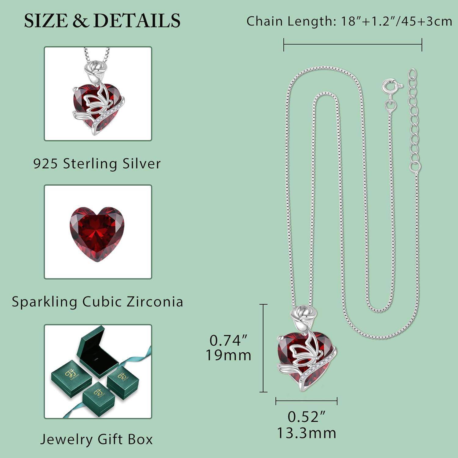 FJ Herz Geburtsstein Kette Damen 925 Sterling Silber Schmetterling Kette Anhänger Rose Blume Halskette Schmuck Geschenke für Frauen Mutter Freundin