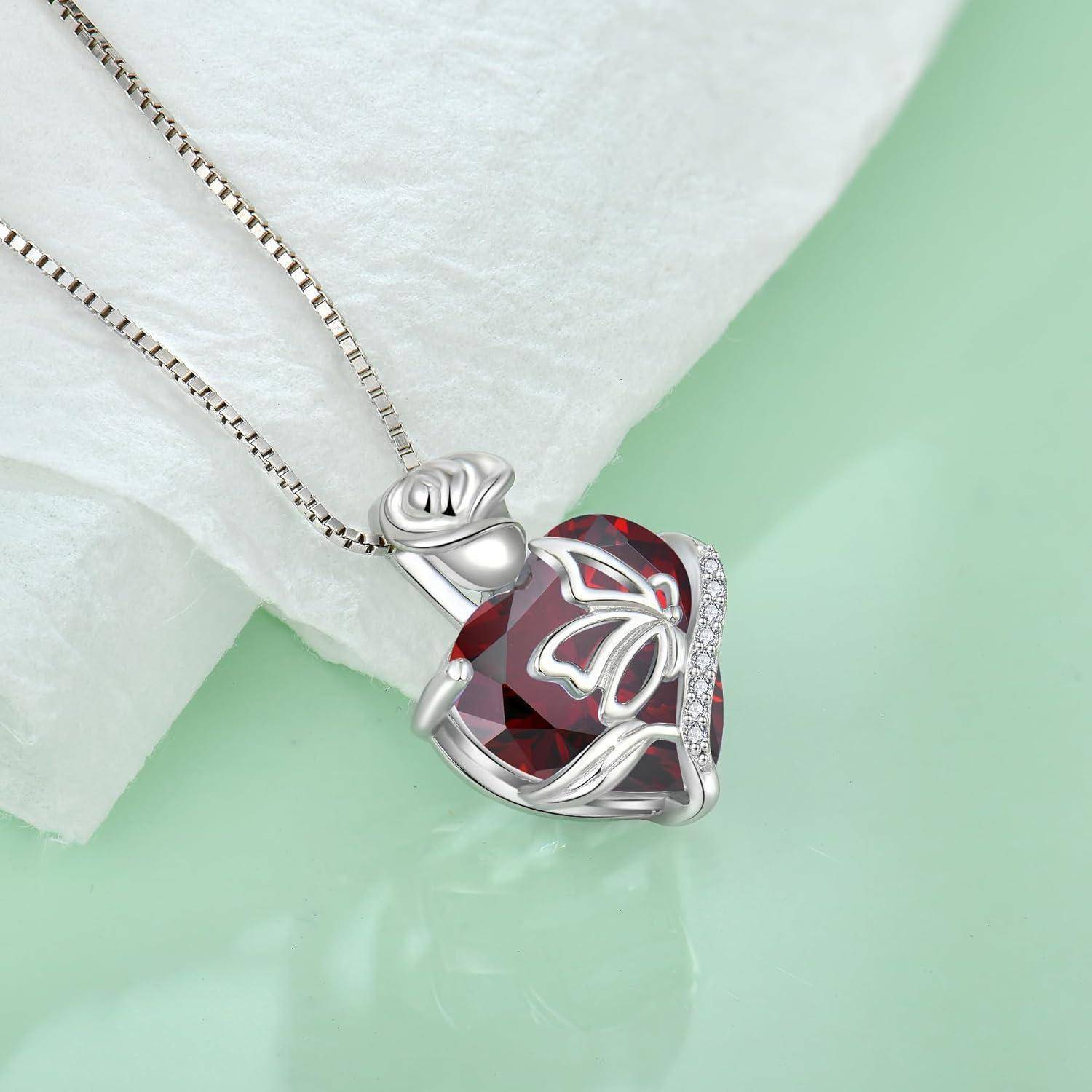 FJ Herz Geburtsstein Kette Damen 925 Sterling Silber Schmetterling Kette Anhänger Rose Blume Halskette Schmuck Geschenke für Frauen Mutter Freundin