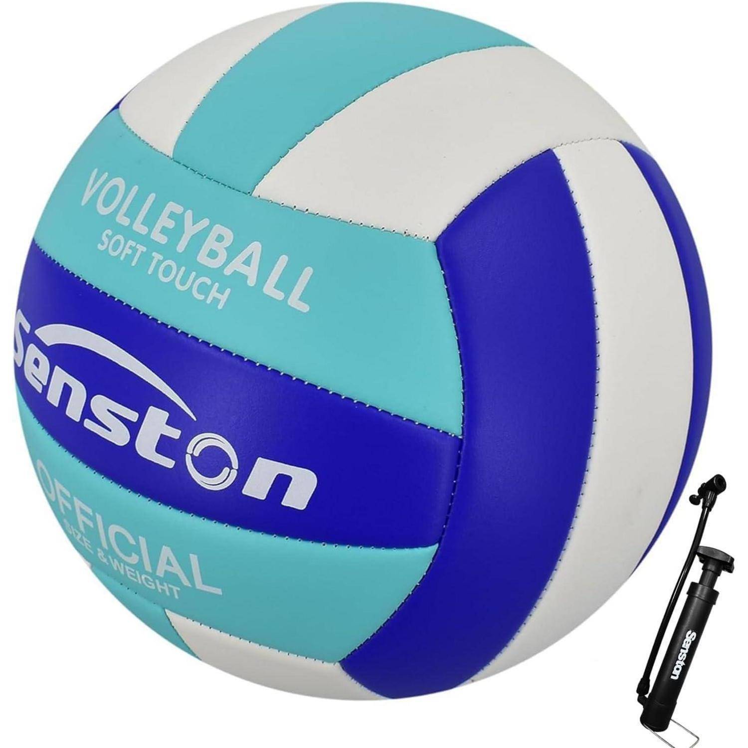 Blauer, türkiser und weißer Volleyball mit der Aufschrift „VOLLEYBALL SOFT TOUCH