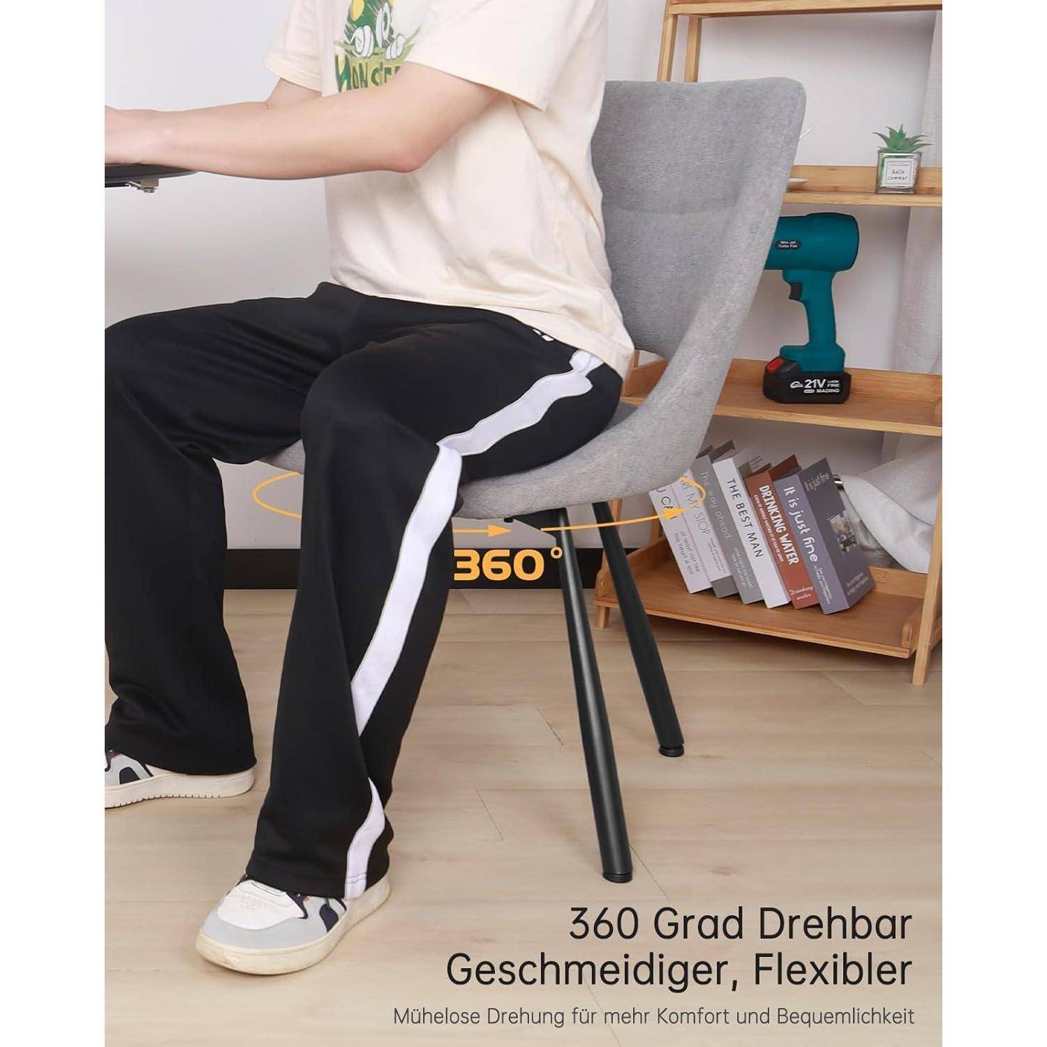 Person sitzt auf einem grauen Stuhl, der sich 360 Grad dreht, gezeigt in einem Home Office; deutscher Text liest „360 Grad Drehbar Gleitbewe... Flexibler