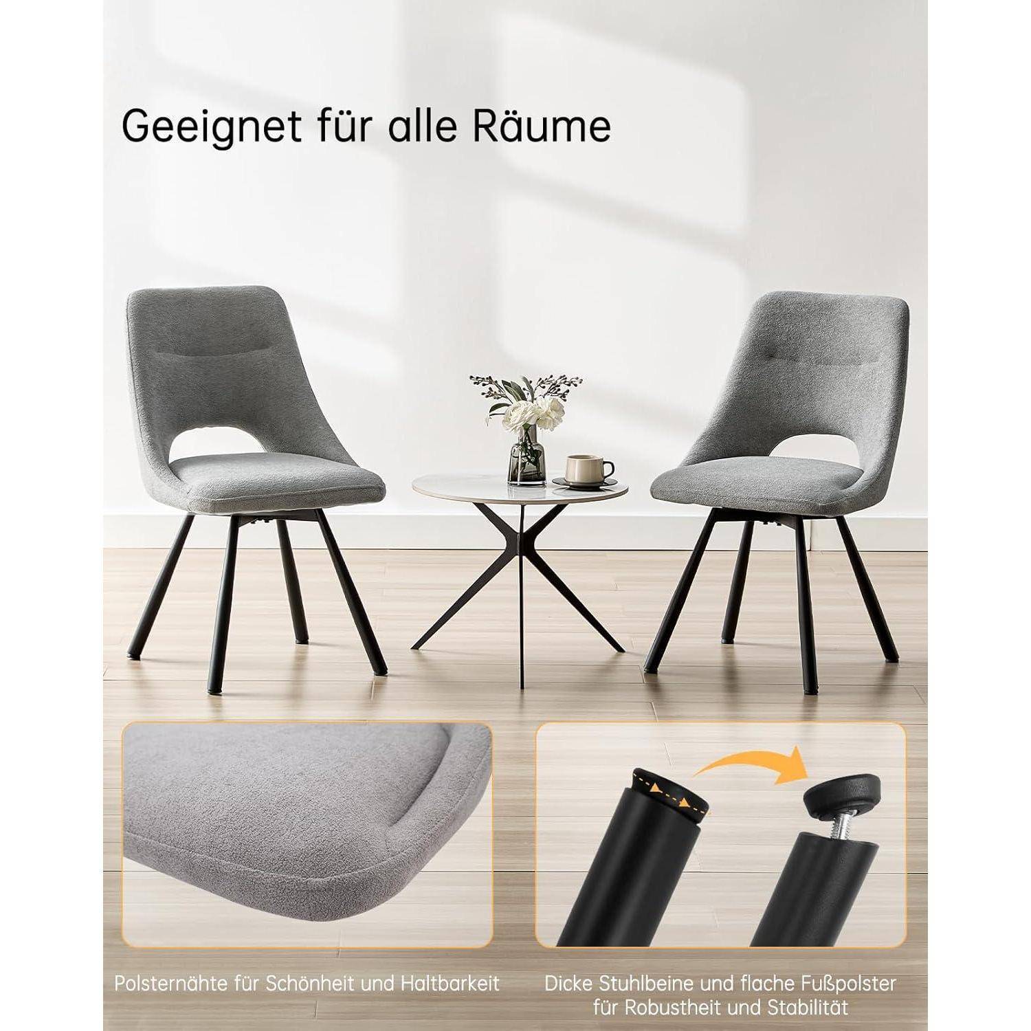 LEWE Esszimmerstühle drehbar 2er Set, 360° Drehstuhl, Küchenstuhl, Ergonomischer Polsterstuhl, armlos, Esszimmer Wohnzimmer Schlafzimmer, Kaschmir-