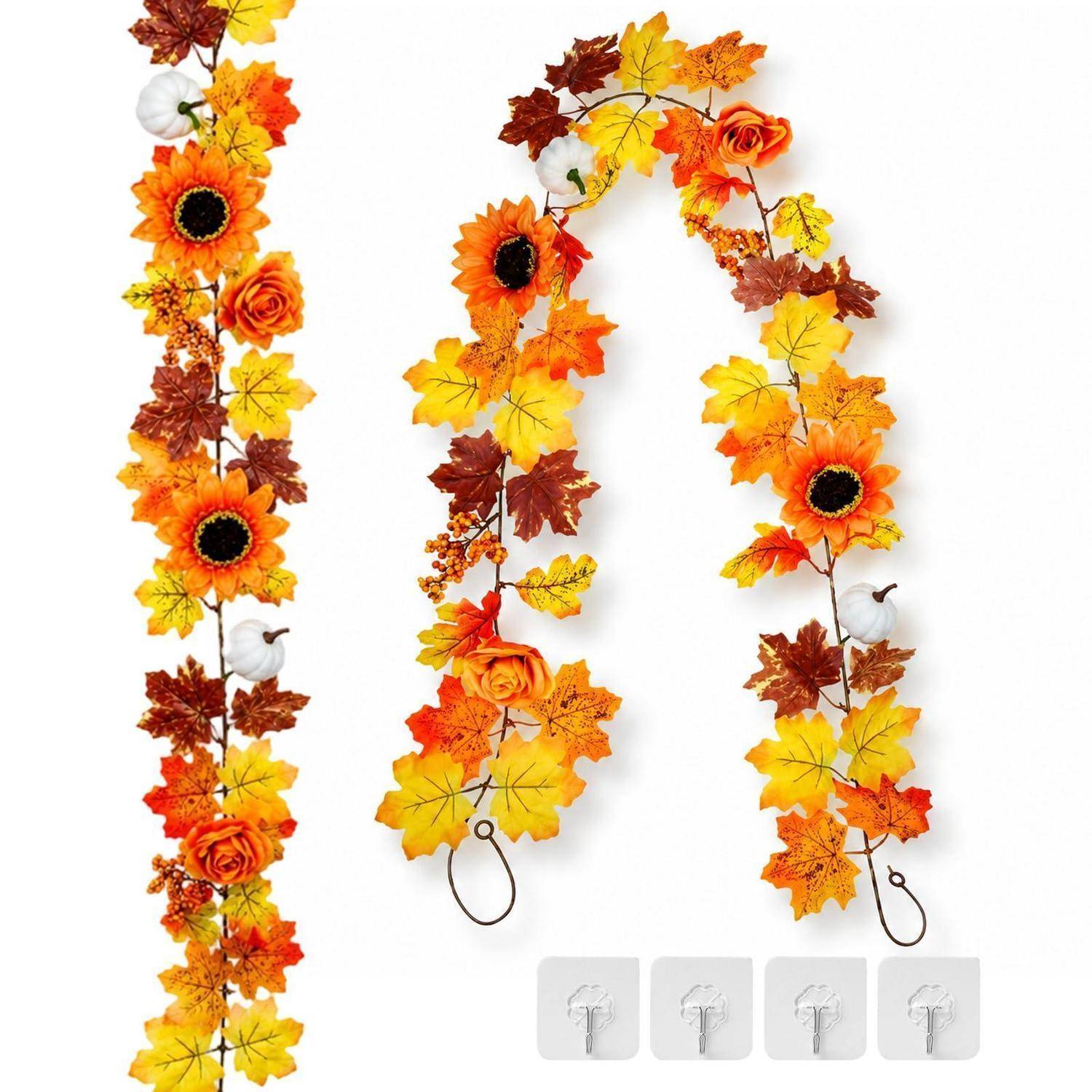 Drei Herbstlaub-Girlanden mit Sonnenblumen, Rosen und weißen Kürbissen, die vertikal auf weißem Hintergrund hängen, gezeigt mit vier kleinen Clip-Befestigungen darunter.