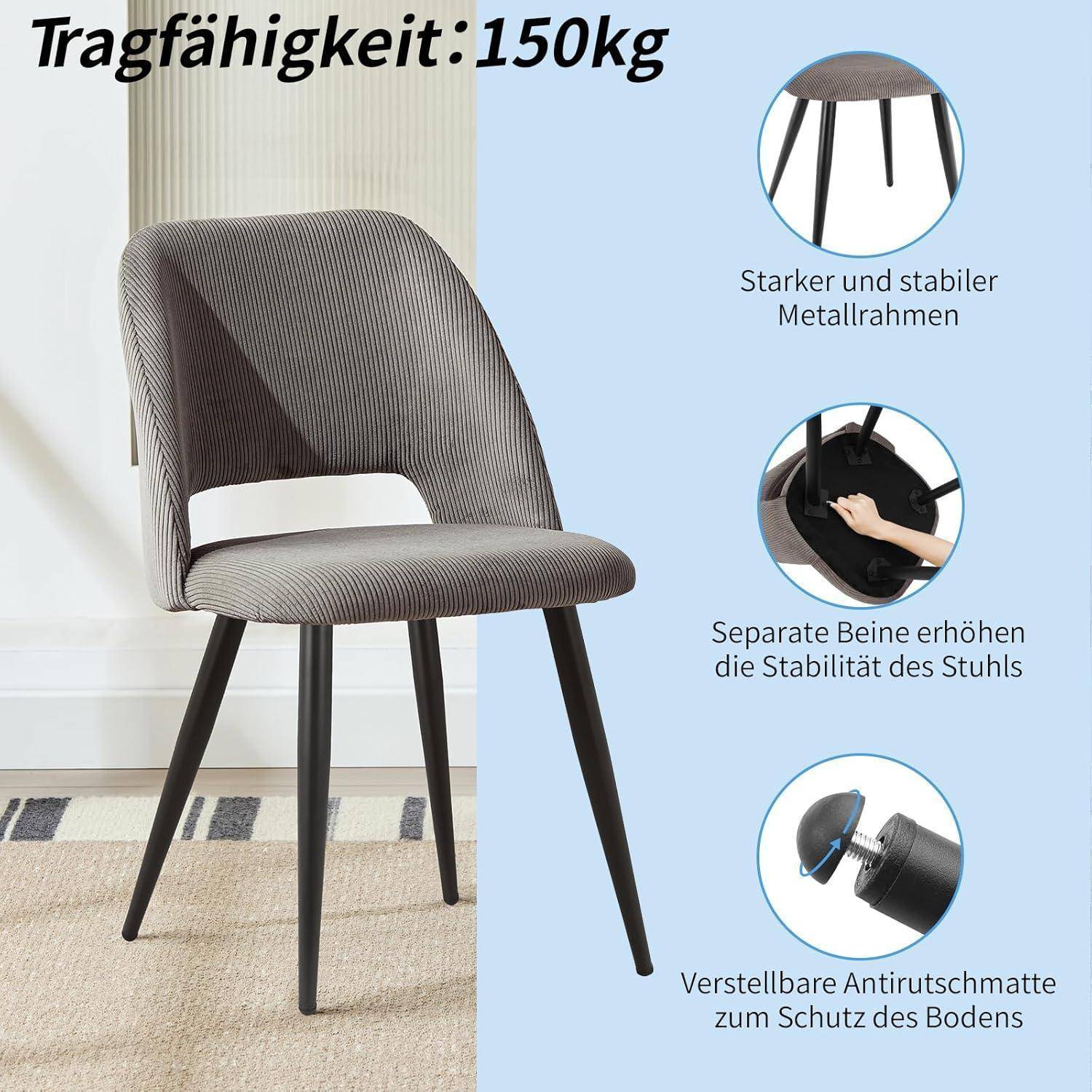 Esszimmerstühle 2er Set, Stühle Esszimmer, Küchenstühle, Wohnzimmer Essstühle mit Ausschnitt Rückenlehne Streifen Samt Stuhl, Gepolsterte Stühl