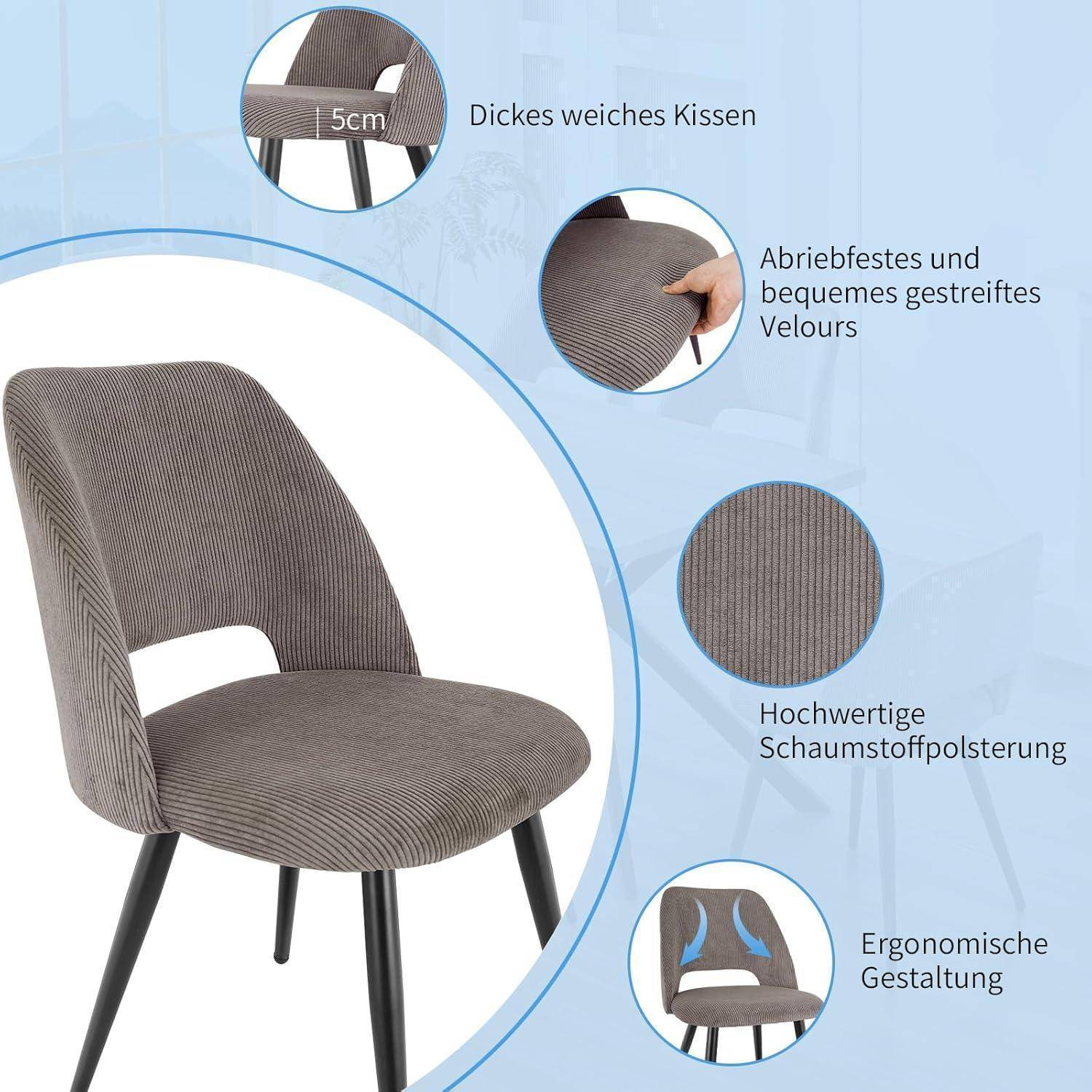 Esszimmerstühle 2er Set, Stühle Esszimmer, Küchenstühle, Wohnzimmer Essstühle mit Ausschnitt Rückenlehne Streifen Samt Stuhl, Gepolsterte Stühl