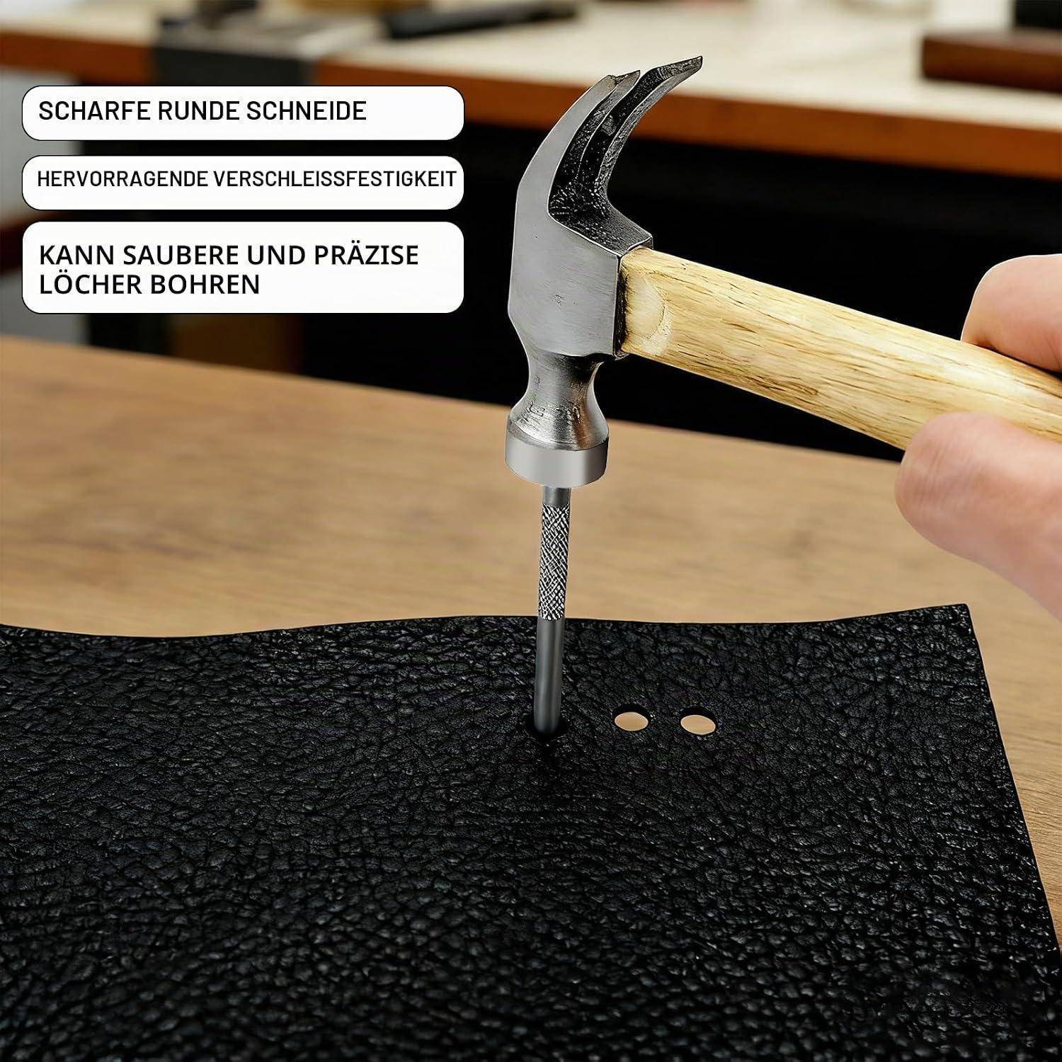 Hammer treibt einen scharfen Dorn in schwarzes Material, um saubere, präzise Löcher zu erzeugen; deutscher Text hebt scharfe Kante und Verschleißfestigkeit hervor.