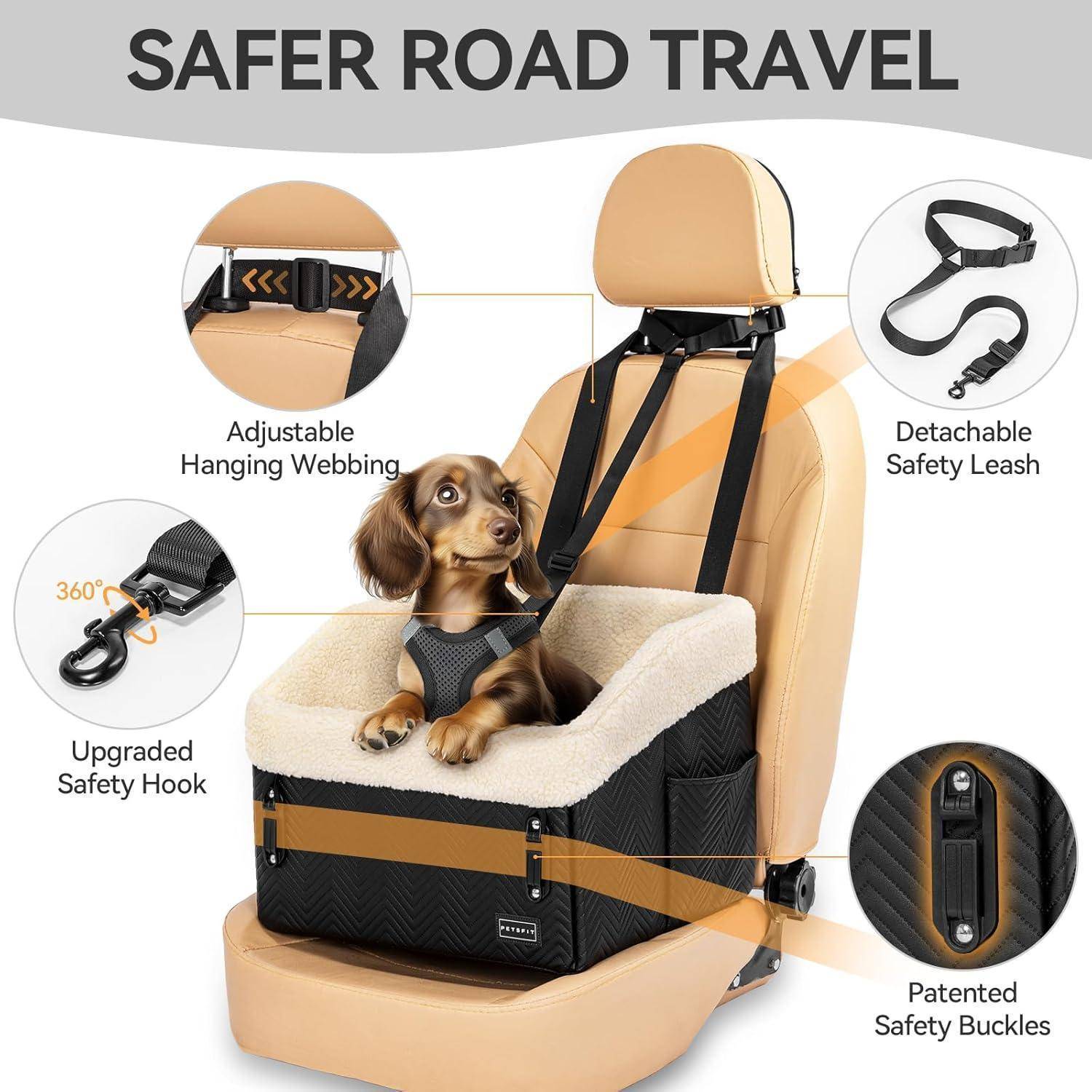 Infografik eines Hundeautositzes mit Haustier und gekennzeichneten Sicherheitsmerkmalen: verstellbares Hängegewebe, abnehmbare Sicherheitsleine, verbesserter Sicherheitshaken und patentierte Sicherheitsschnallen für sicherere Autofahrten.