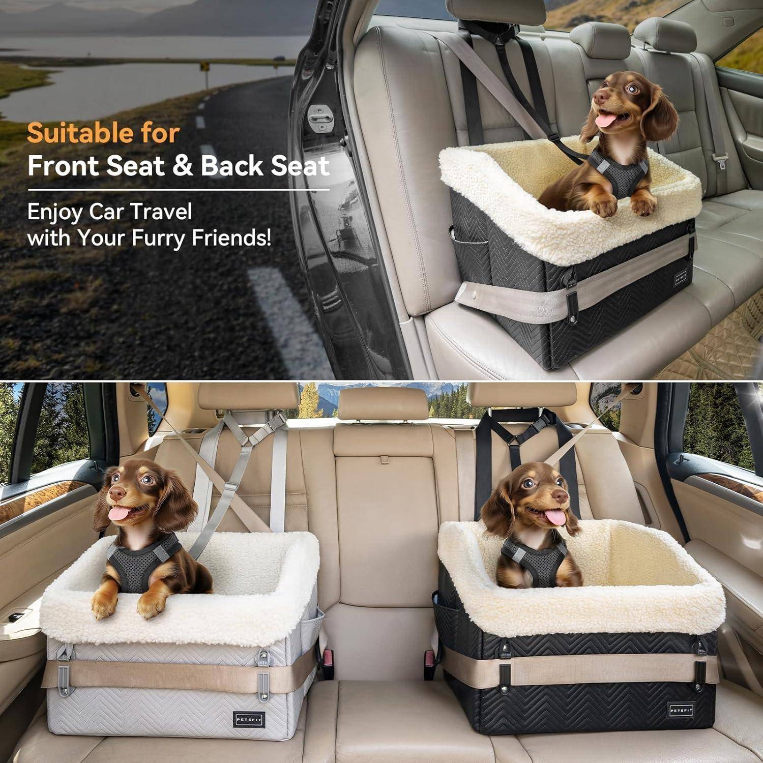 Zwei Hunde sitzen in gepolsterten Autositz-Booster-Betten und zeigen, dass die Haustier-Reiseträger für Vorder- und Rücksitze geeignet sind.