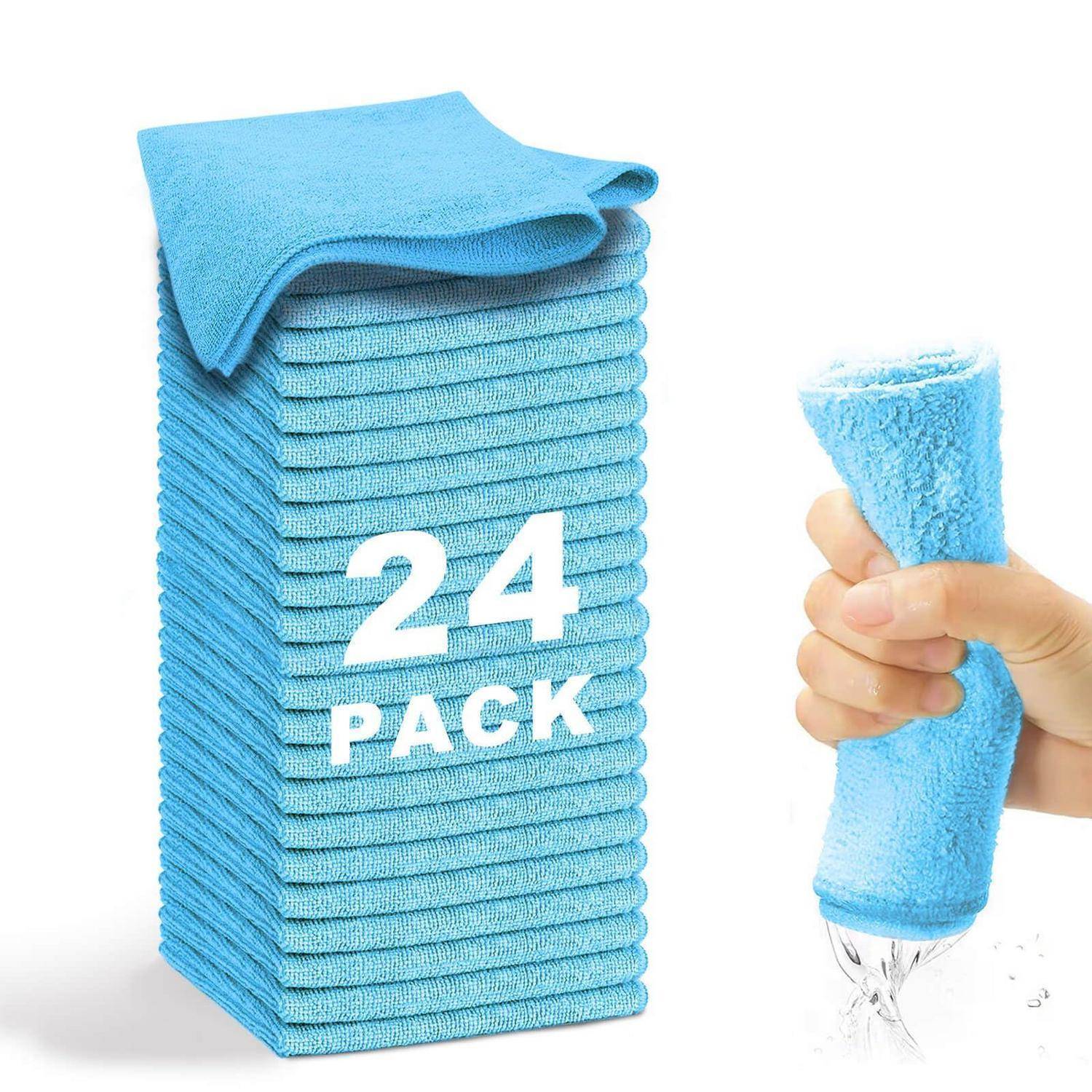 Stapel von 24 blauen Mikrofaser-Reinigungstüchern mit der Beschriftung „24ER PACK