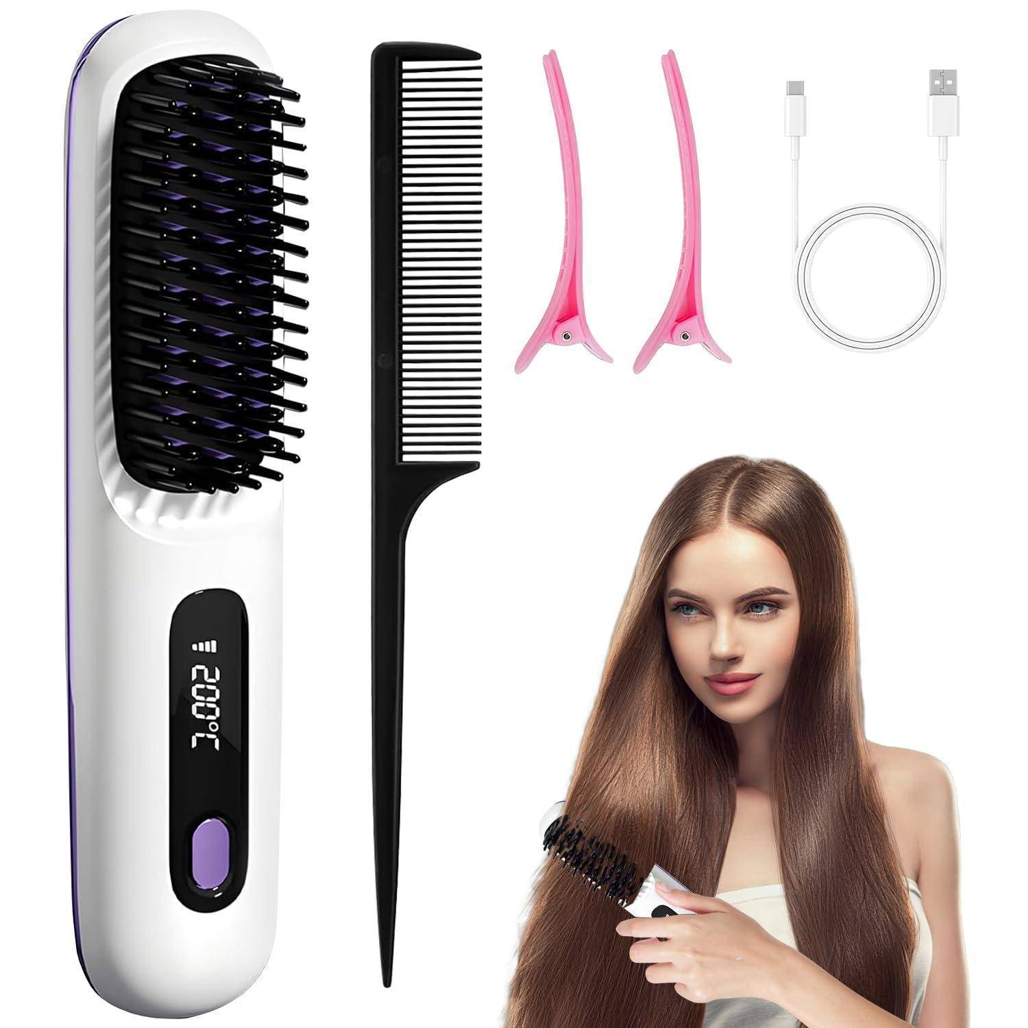 Haarglättungsbürsten-Set mit elektrischer Bürste, Kamm, zwei rosa Haarclips, USB-Kabel und Frau, die ihre langen Haare mit der Bürste stylt
