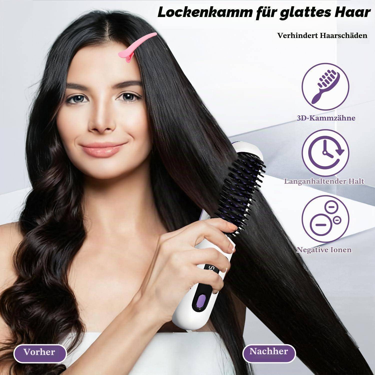Produktanzeige mit einer Frau, die langes dunkles Haar mit einer Bürste stylt; deutscher Text besagt „Lockenkamm für glattes Haar