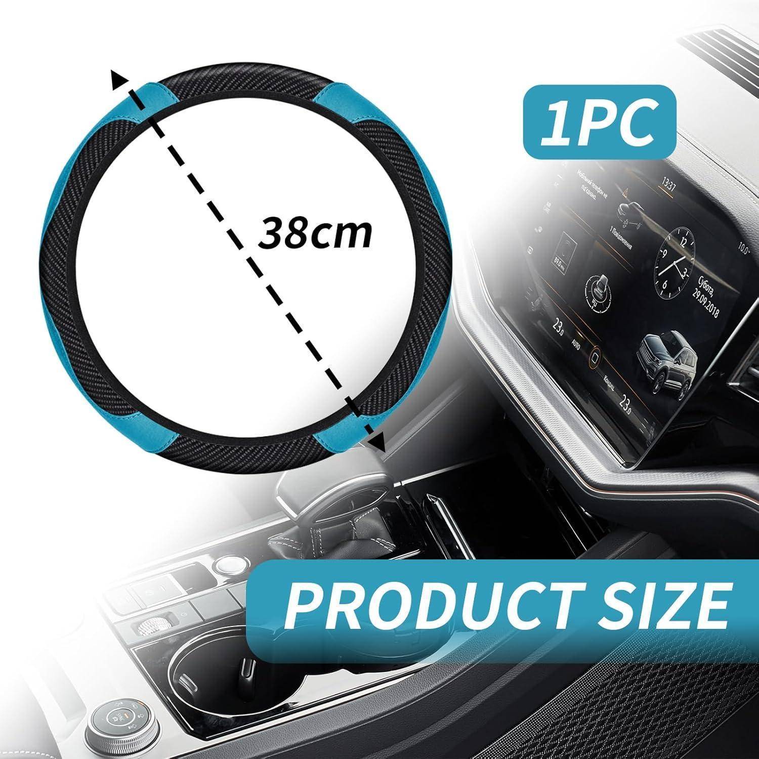 Lenkradabdeckung für Autos mit Durchmessermessung von 38 cm und "1PC""-Etikett, das die Produktgröße für ein Autoinnenraum-Zubehörteil anzeigt.