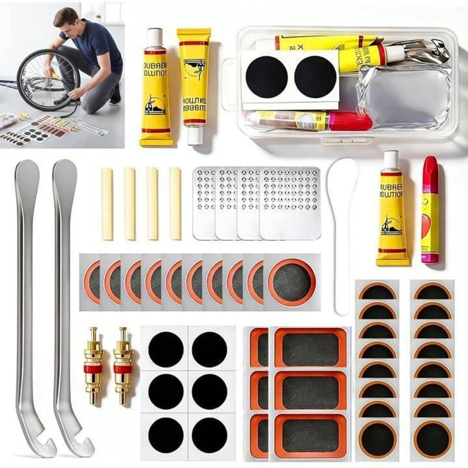 Fahrradreifenreparatursatz mit Werkzeugen, Reifenhebeln, Flicken, Kleber, Schleifpapier und Ventilteilen, plus eine Person, die ein Rad repariert.