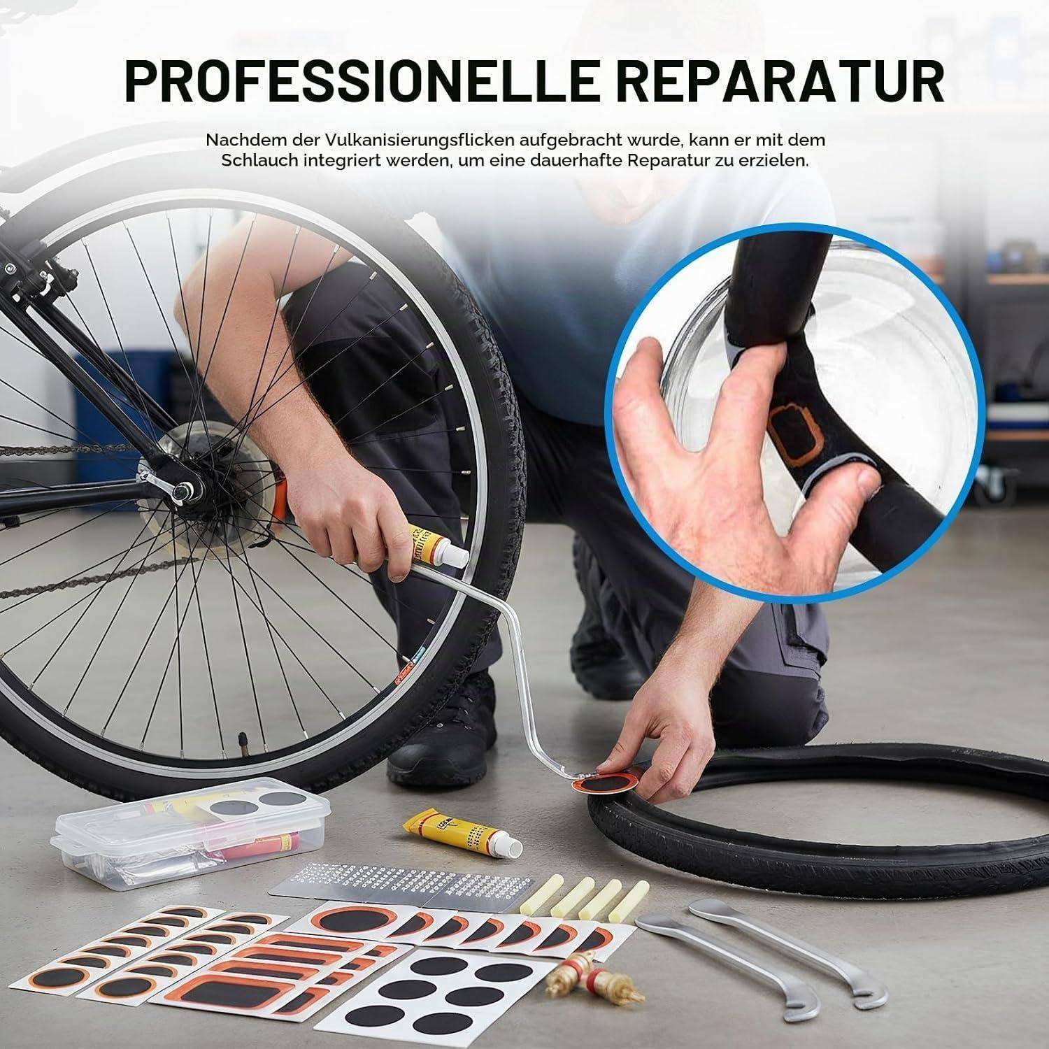 Person repariert einen Fahrradschlauch mit einem Flickset; der Titel besagt "PROFESSIONELLE REPARATUR"" und eine Vergrößerung zeigt, wie der Flicken aufgedrückt wird.