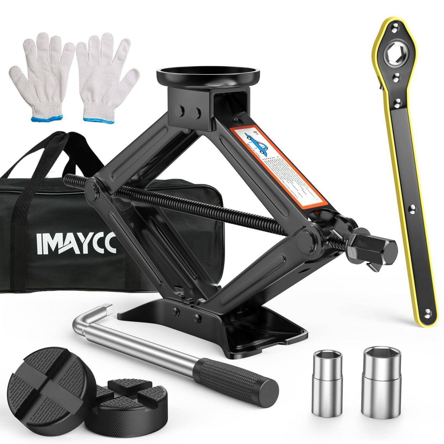 Wagenheber-Set mit Scherenhuber, Radmutterschlüssel, Handschuhen, Aufbewahrungstasche, Griff, Hubpads und Adaptern auf weißem Hintergrund.